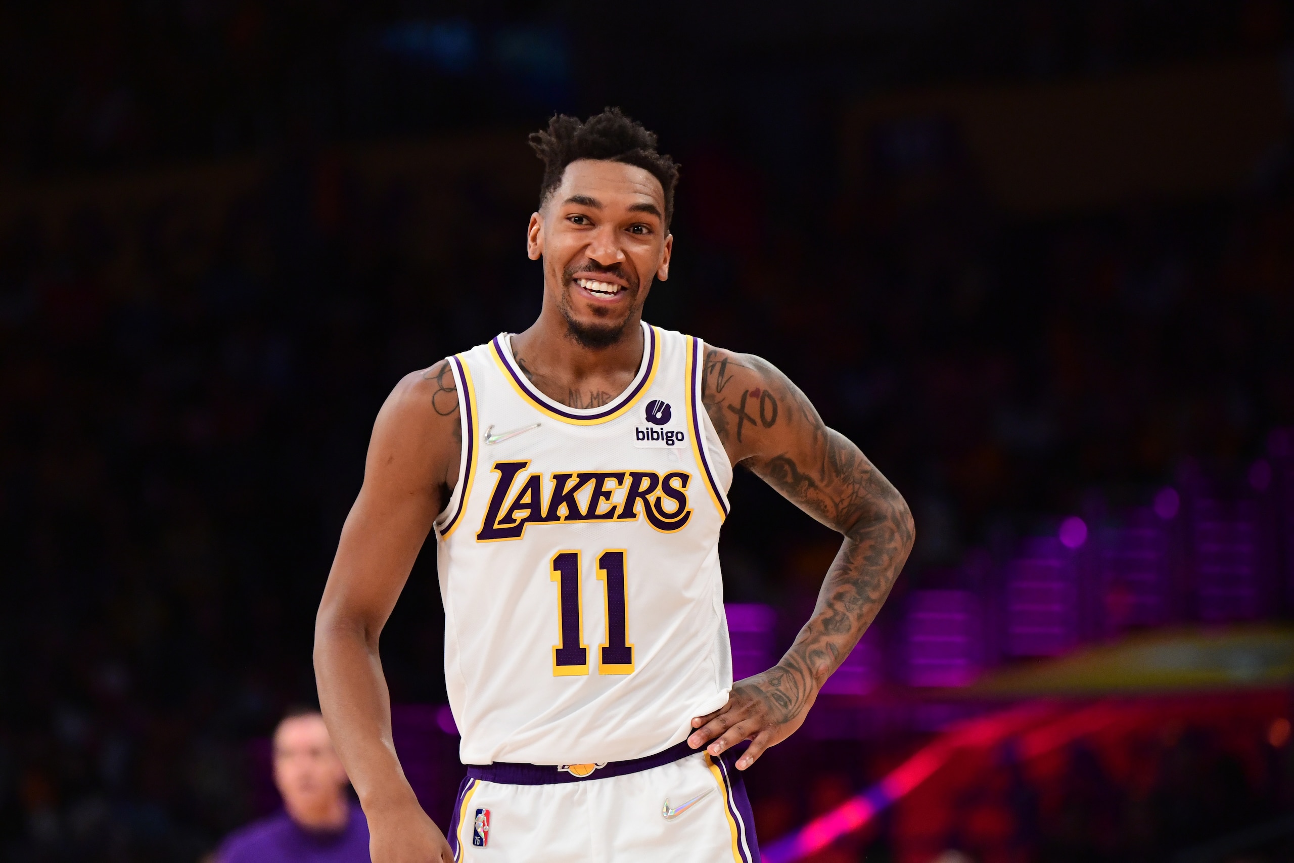 LOS ANGELES, CA - APRIL 3: Malik Monk #11 of the Los Angeles Lakers smiles during the game against the Denver Nuggets on April 3, 2022 at Crypto.Com Arena in Los Angeles, California. NOTE TO USER: User expressly acknowledges and agrees that, by downloading and/or using this Photograph, user is consenting to the terms and conditions of the Getty Images License Agreement. Mandatory Copyright Notice: Copyright 2022 NBAE (Photo by Adam Pantozzi/NBAE via Getty Images)