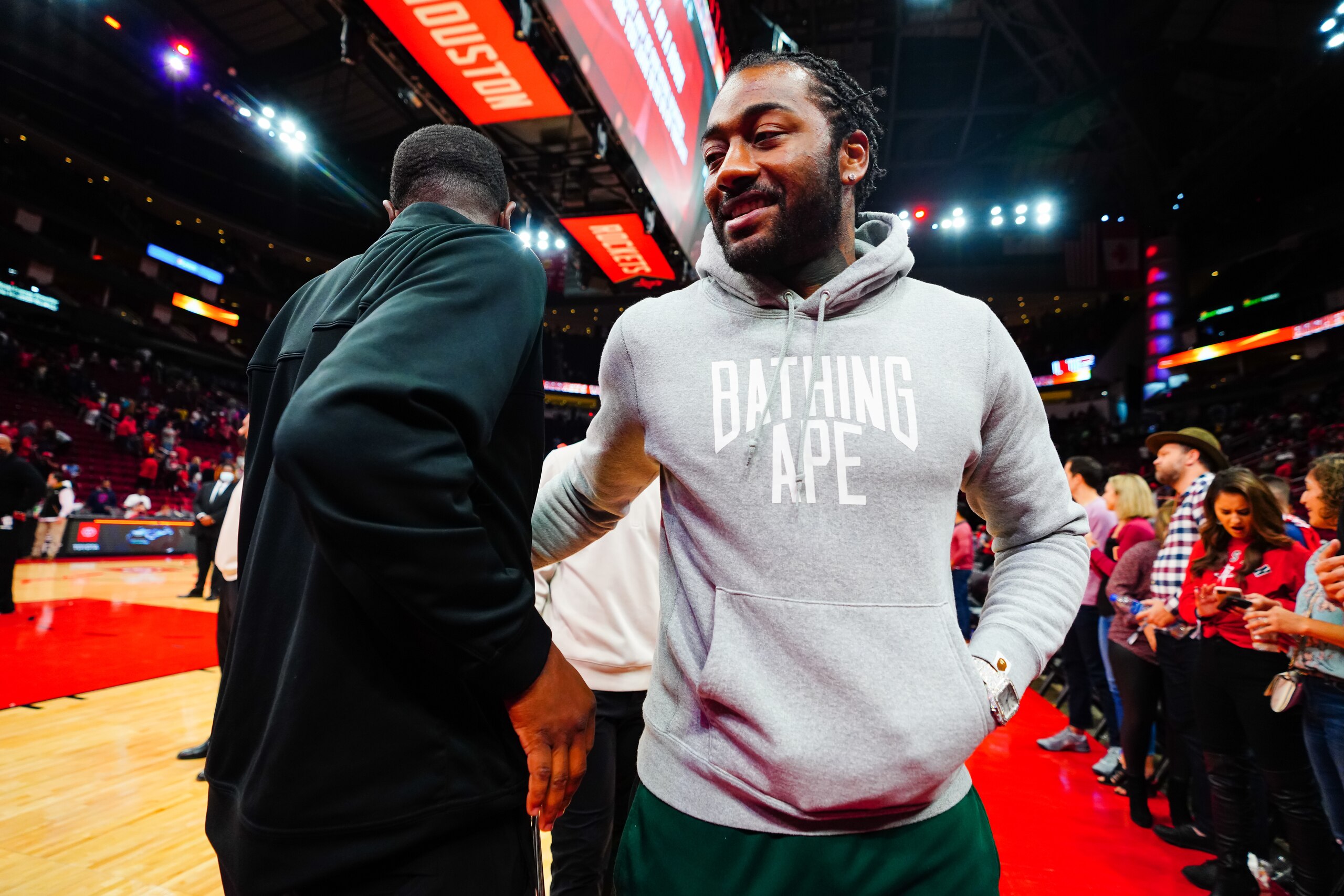 HOUSTON, TX - DECEMBER 05: John Wall #1 of the Houston Rockets walks off the court after defeating the New Orleans Pelicans at Toyota Center on December 5, 2021 in Houston, Texas. NOTE TO USER: User expressly acknowledges and agrees that, by downloading and/or using this Photograph, user is consenting to the terms and conditions of the Getty Images License Agreement. (Photo by Alex Bierens de Haan/Getty Images)