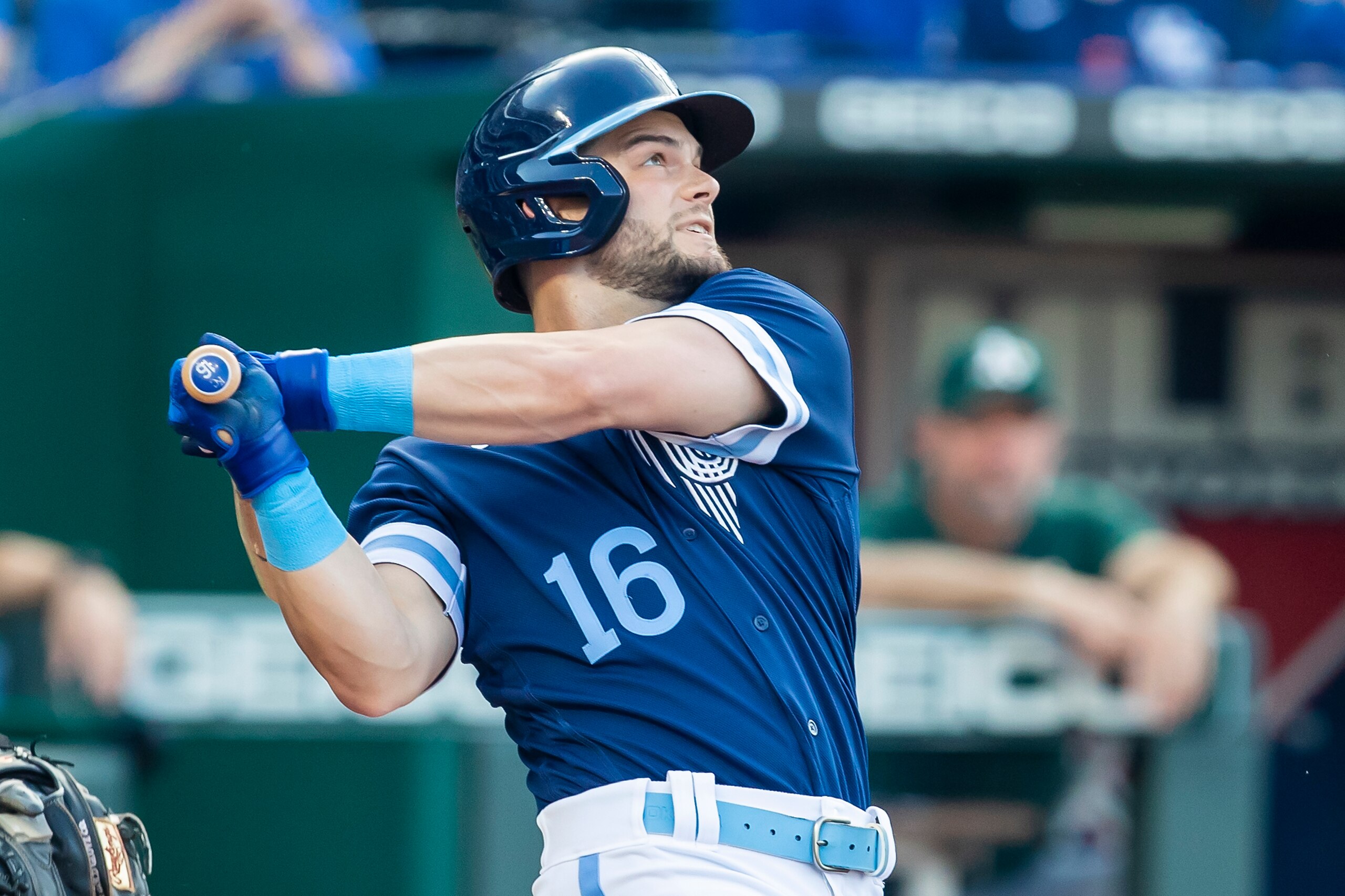 KANSAS CITY, MO - JUNE 24: Royals left fielder Andrew Benintendi (16) watches a ball hit into play during the game  between the Kansas City Royals and the Oakland Athletics on Friday June 24, 2022 at Kauffman Stadium in Kansas City, MO.  (Photo by Nick Tre. Smith/Icon Sportswire via Getty Images)