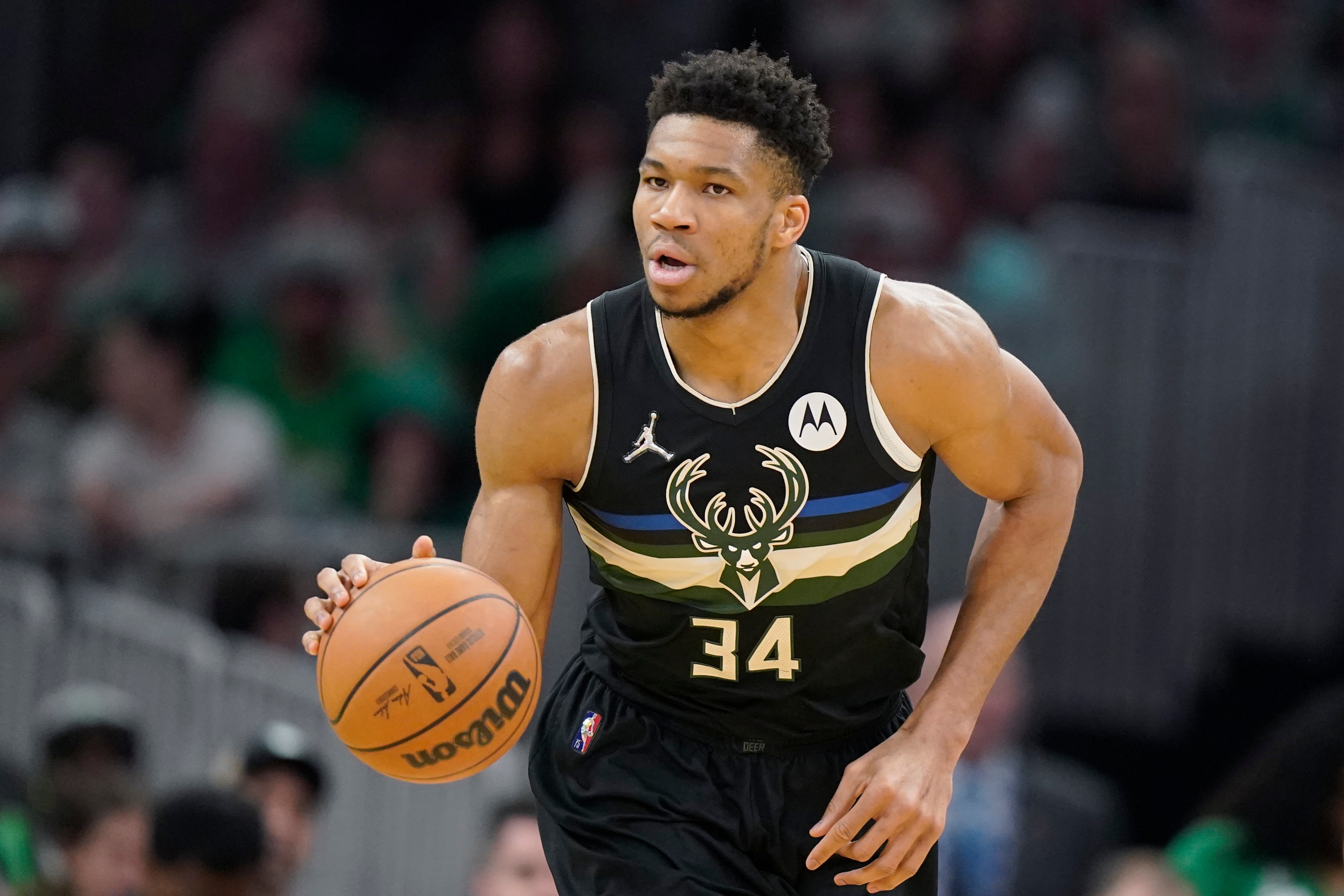 Milwaukee Bucks forward Giannis Antetokounmpo (34) during the first half of Game 7 of an NBA basketball Eastern Conference semifinals playoff series against the Boston Celtics, Sunday, May 15, 2022, in Boston. (AP Photo/Steven Senne)