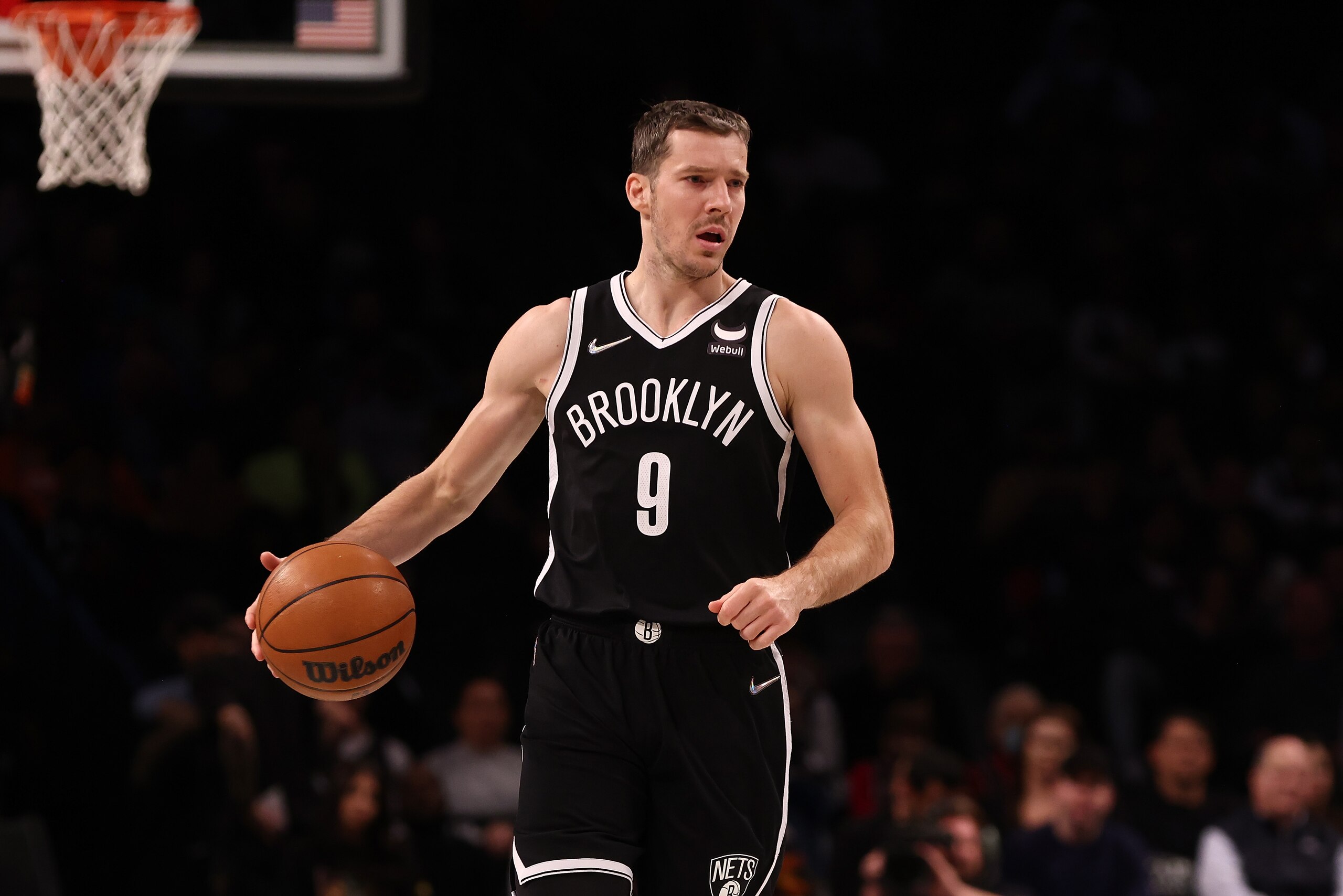 NEW YORK, NEW YORK - MARCH 29: Goran Dragic #9 of the Brooklyn Nets in action against the Detroit Pistons at Barclays Center on March 29, 2022 in New York City. NOTE TO USER: User expressly acknowledges and agrees that, by downloading and or using this photograph, User is consenting to the terms and conditions of the Getty Images License Agreement. Brooklyn Nets defeated the Detroit Pistons 130-123. (Photo by Mike Stobe/Getty Images)
