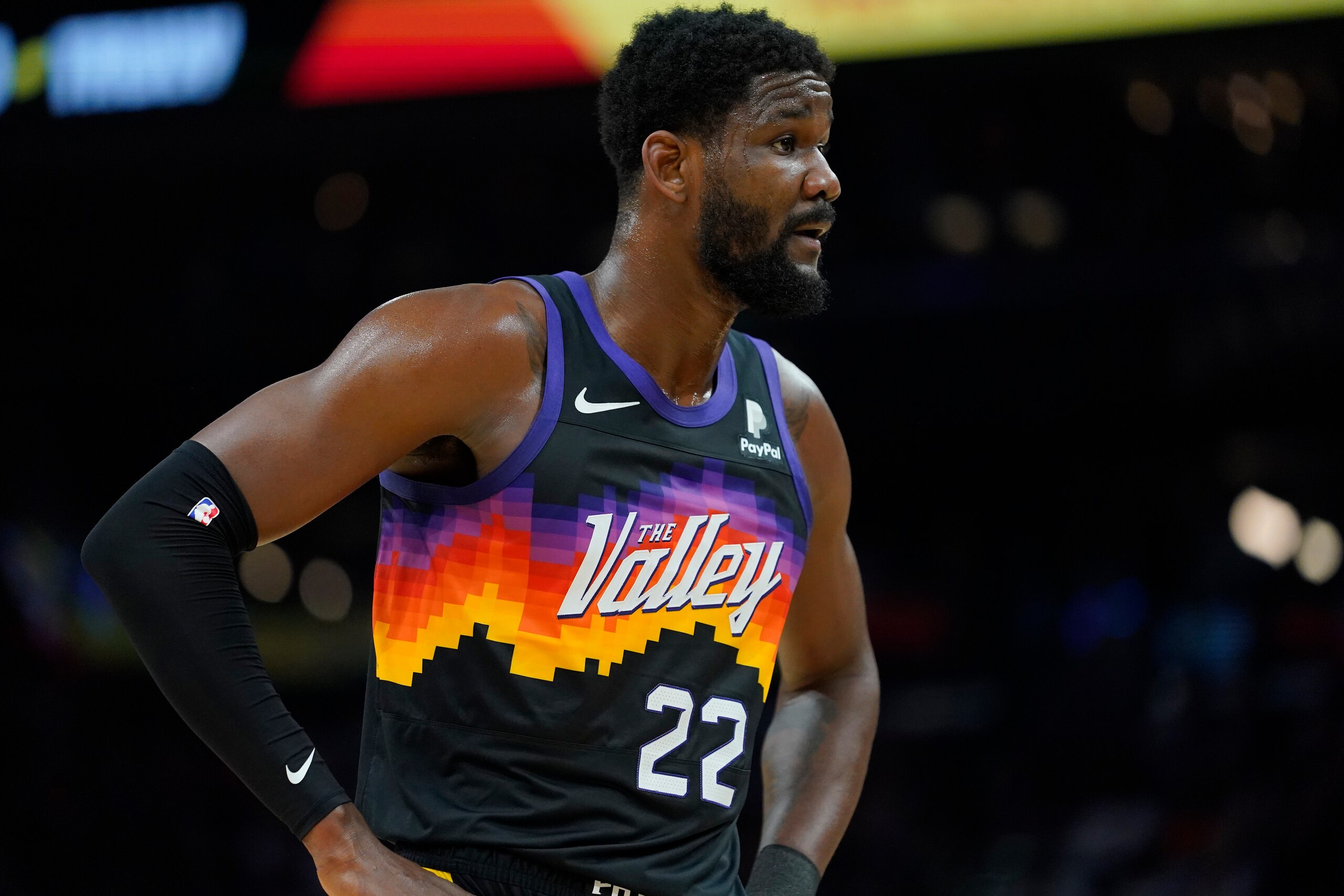 Phoenix Suns center Deandre Ayton (22) looks away after being fouled during the first half of Game 7 of an NBA basketball Western Conference playoff semifinal against theDallas Mavericks, Sunday, May 15, 2022, in Phoenix. (AP Photo/Matt York) Phoenix Suns center Deandre Ayton (22) looks away after being fouled during the first half of Game 7 of an NBA basketball Western Conference playoff semifinal against theDallas Mavericks, Sunday, May 15, 2022, in Phoenix. (AP Photo/Matt York)