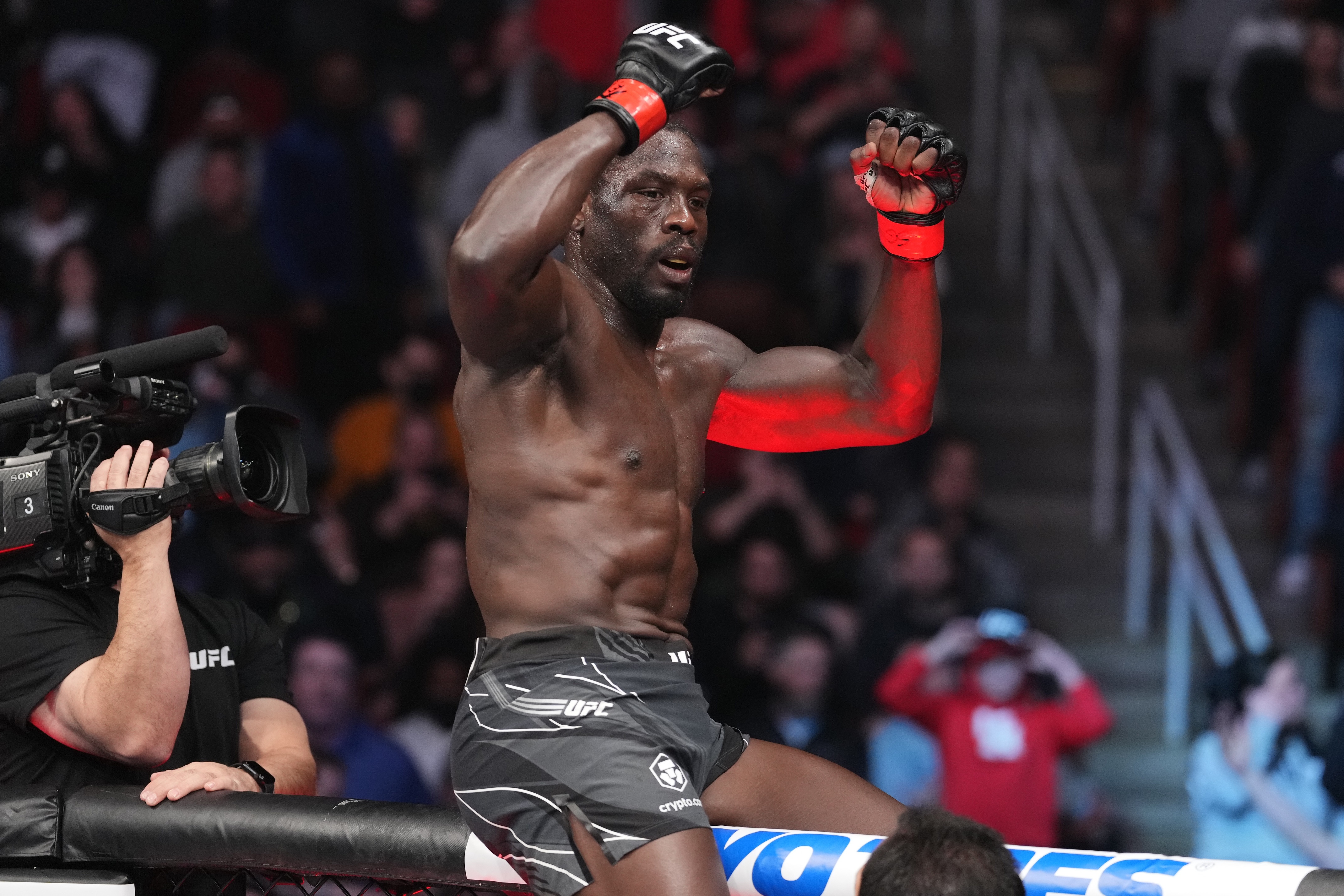 HOUSTON, TEXAS - FEBRUARY 12: Jared Cannonier reacts after defeating Derek Brunson in their middleweight fight during the UFC 271 event at Toyota Center on February 12, 2022 in Houston, Texas. (Photo by Josh Hedges/Zuffa LLC)