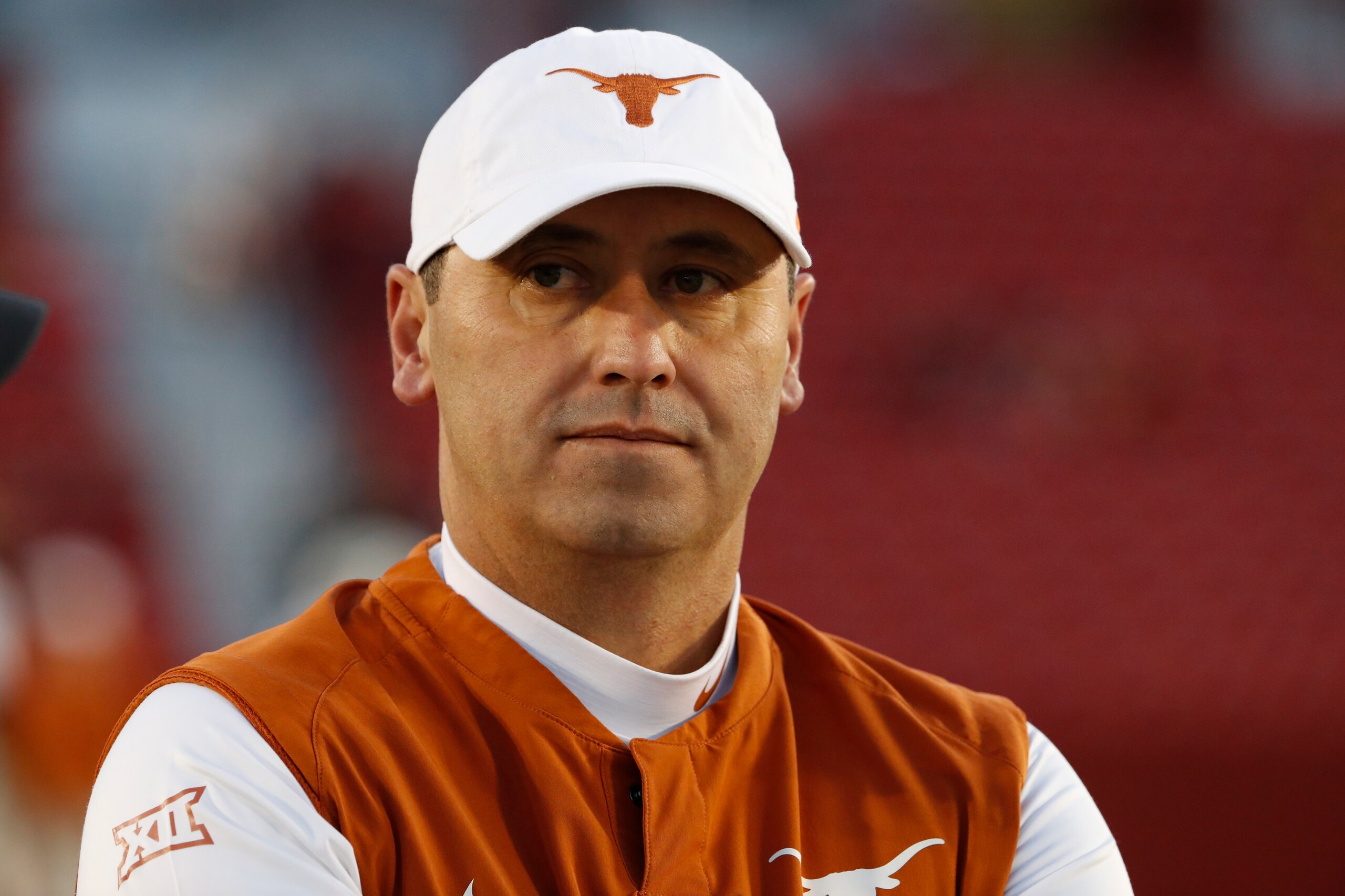 AMES, IA - NOVEMBER 6: Head coach Steve Sarkisian of the Texas Longhorns coaches during pregame warmups at Jack Trice Stadium on November 6, 2021 in Ames, Iowa. The Iowa State Cyclones won 30-7 over the Texas Longhorns. (Photo by David K Purdy/Getty Images)