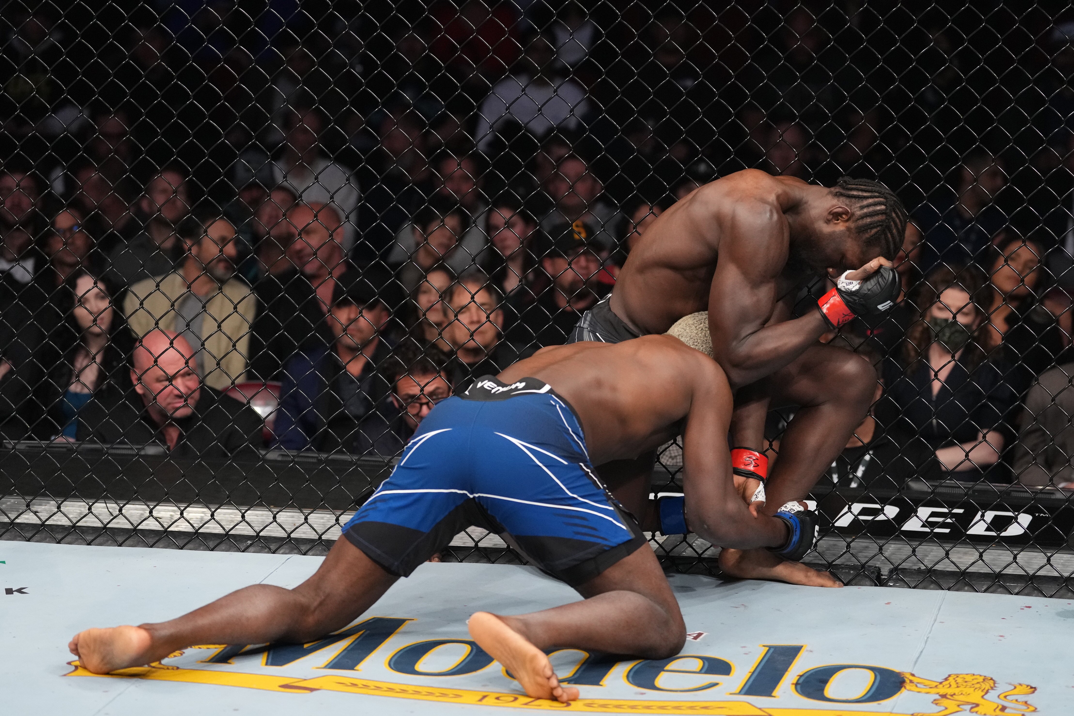 HOUSTON, TEXAS - FEBRUARY 12: (R-L) Jared Cannonier elbows the head of Derek Brunson in their middleweight fight during the UFC 271 event at Toyota Center on February 12, 2022 in Houston, Texas. (Photo by Josh Hedges/Zuffa LLC)