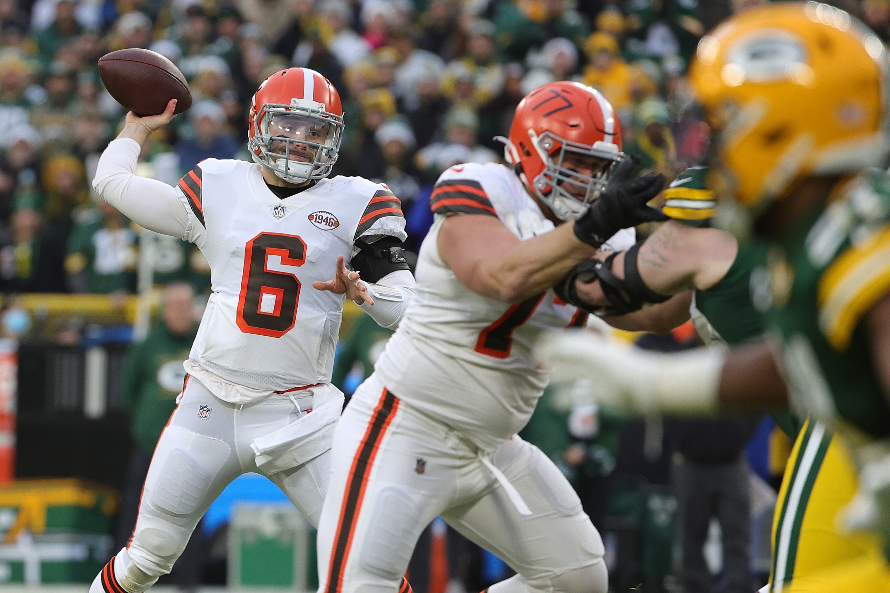 GREEN BAY, WISCONSIN - DECEMBER 25: Baker Mayfield #6 of the Cleveland Browns looks to pass during a game against the Green Bay Packers at Lambeau Field on December 25, 2021 in Green Bay, Wisconsin.  The Packers defeated the Browns 24-22. (Photo by Stacy Revere/Getty Images)