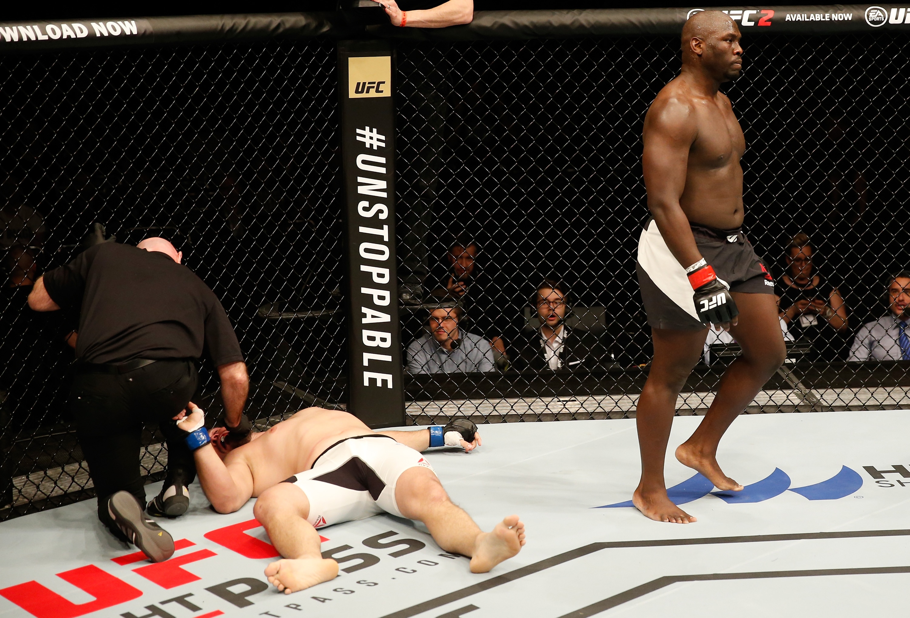 ZAGREB, CROATIA - APRIL 10:   (R-L) Jared Cannonier knocks outs Cyril Asker in the first round in their heavyweight bout during the UFC Fight Night event at the Arena Zagreb on April 10, 2016 in Zagreb, Croatia. (Photo by Srdjan Stevanovic/Zuffa LLC/Zuffa LLC via Getty Images)