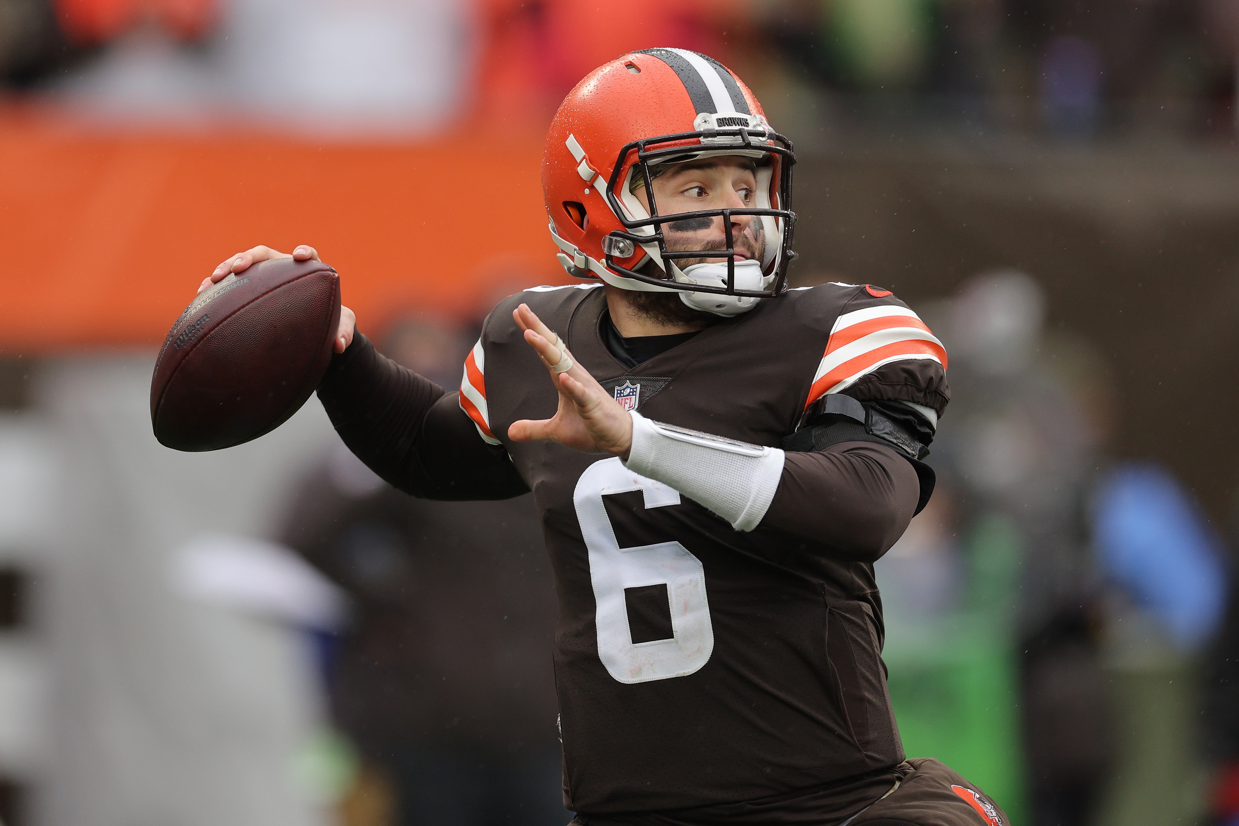 CLEVELAND, OHIO - NOVEMBER 21: Baker Mayfield #6 of the Cleveland Browns plays against the Detroit Lions at FirstEnergy Stadium on November 21, 2021 in Cleveland, Ohio. (Photo by Gregory Shamus/Getty Images)