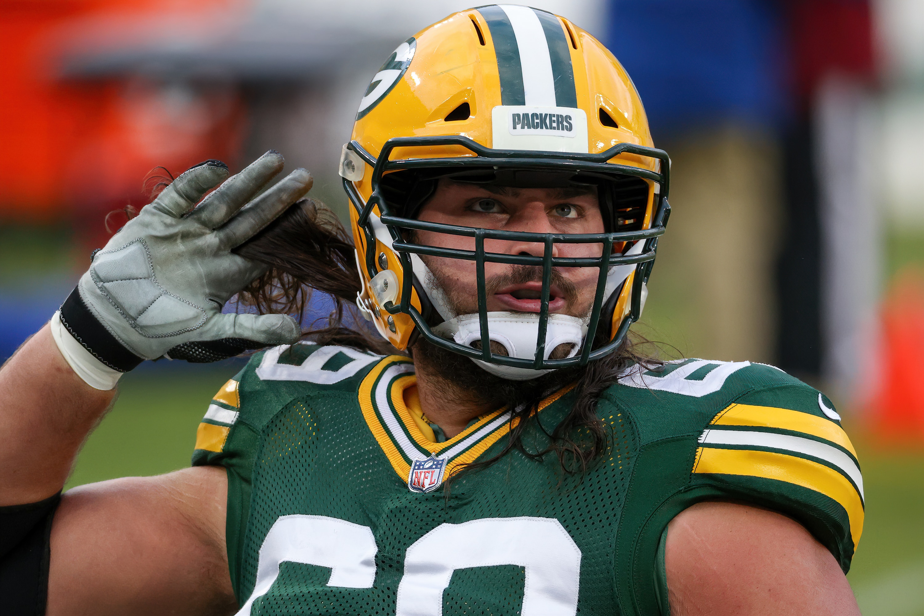 GREEN BAY, WISCONSIN - DECEMBER 06: David Bakhtiari #69 of the Green Bay Packers warms up before the game against the Philadelphia Eagles at Lambeau Field on December 06, 2020 in Green Bay, Wisconsin. (Photo by Dylan Buell/Getty Images)