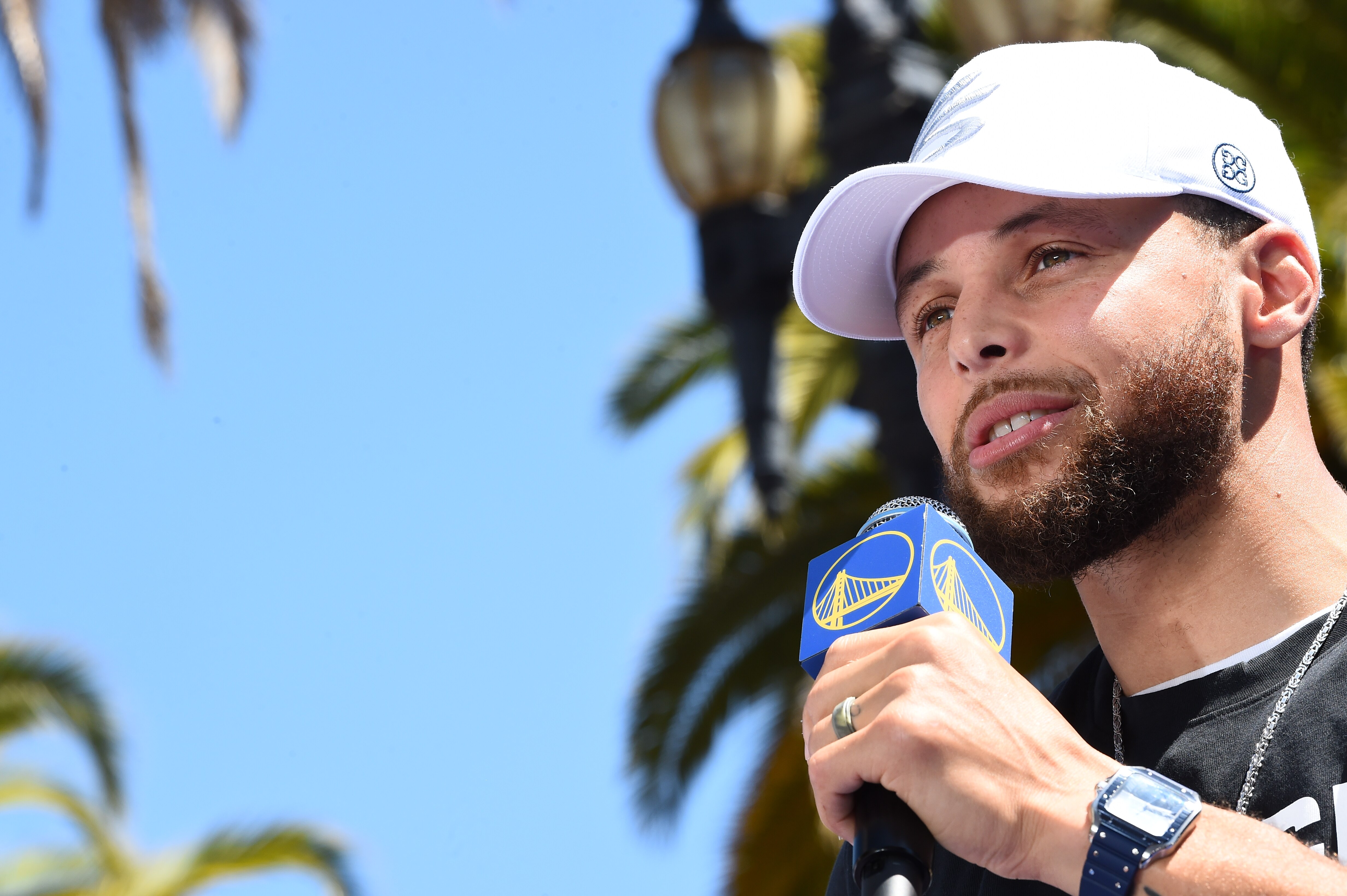 SAN FRANCISCO, CA - JUNE 20: Stephen Curry #30 of the Golden State Warriors speaks to the crowd during their 2022 Victory Parade & Rally on June 20, 2022 at Chase Center in San Francisco, California. NOTE TO USER: User expressly acknowledges and agrees that, by downloading and or using this photograph, user is consenting to the terms and conditions of Getty Images License Agreement. Mandatory Copyright Notice: Copyright 2022 NBAE (Photo by Noah Graham/NBAE via Getty Images)