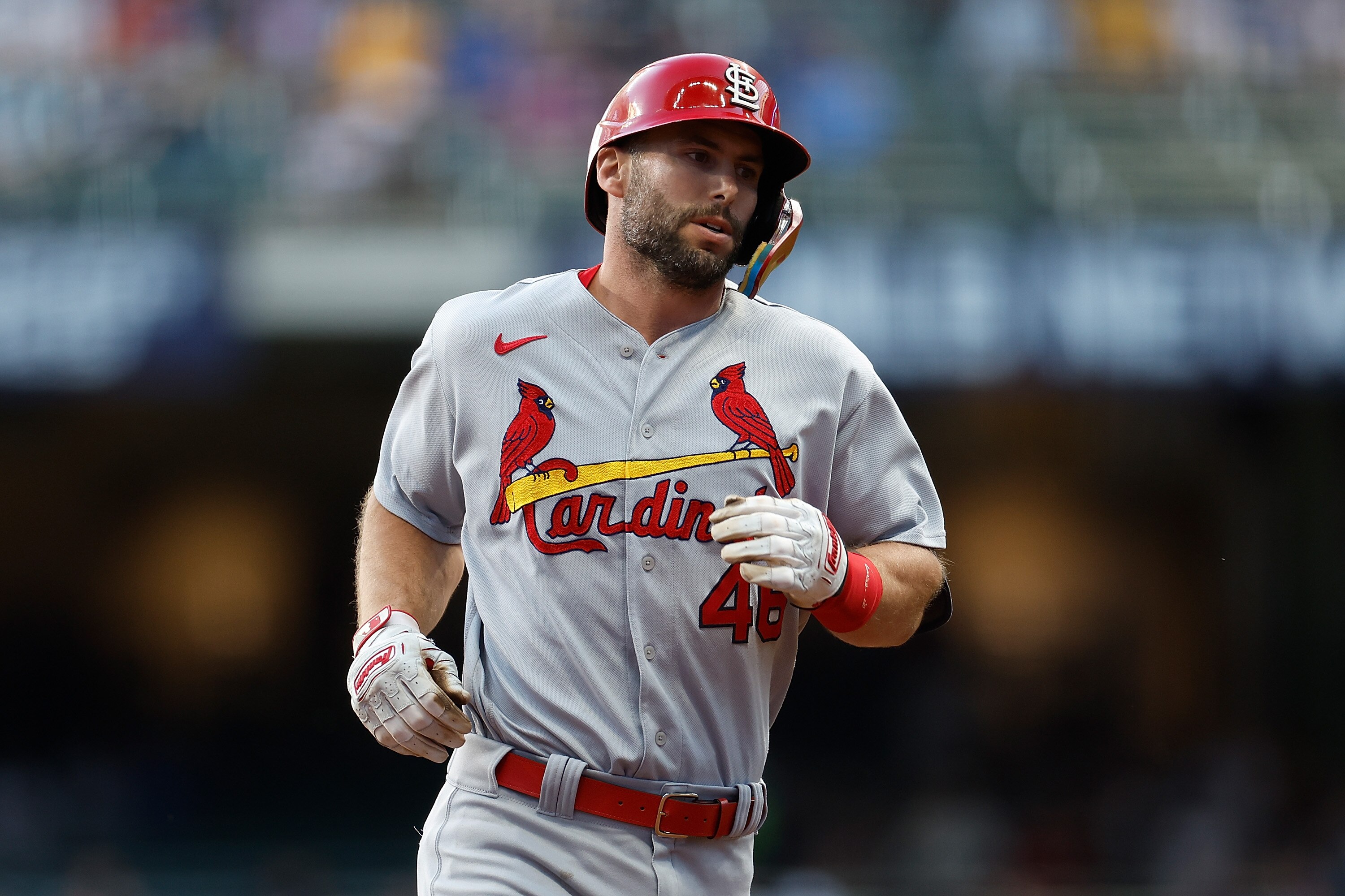 MILWAUKEE, WISCONSIN - JUNE 22: Paul Goldschmidt #46 of the St. Louis Cardinals rounds third base after hitting a two run homer in the first inning Milwaukee Brewers at American Family Field on June 22, 2022 in Milwaukee, Wisconsin. Cardinals defeated the Brewers 5-4. (Photo by John Fisher/Getty Images)