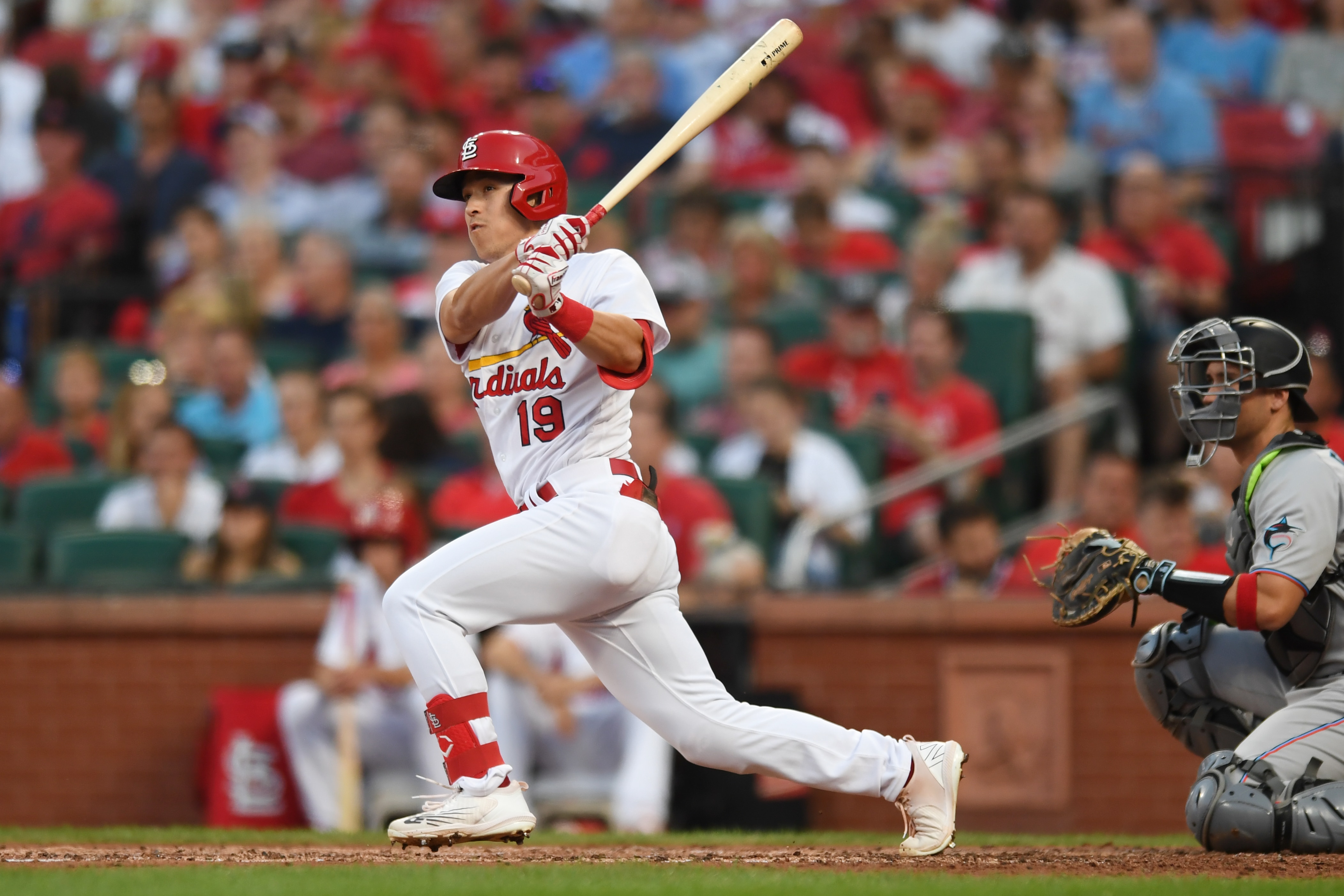 ST LOUIS, MO - JUNE 28: Tommy Edman #19 of the St. Louis Cardinals hits a double in the fourth inning against the Miami Marlins at Busch Stadium on June 28, 2022 in St Louis, Missouri. (Photo by Michael B. Thomas/Getty Images)