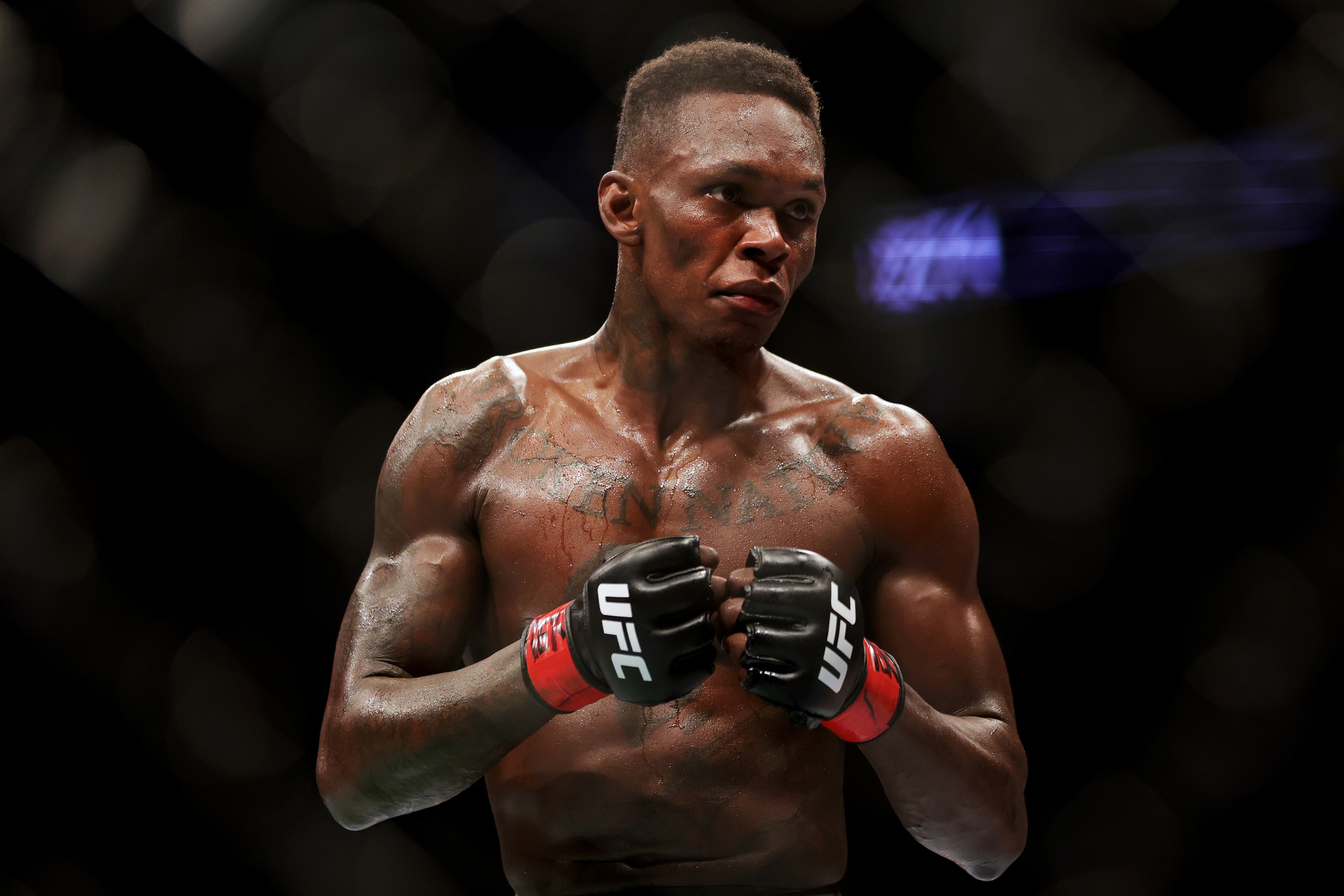 HOUSTON, TEXAS - FEBRUARY 12: Israel Adesanya of Nigeria looks on in his middleweight championship fight against Robert Whittaker of Australia during UFC 271 at Toyota Center on February 12, 2022 in Houston, Texas. (Photo by Carmen Mandato/Getty Images)