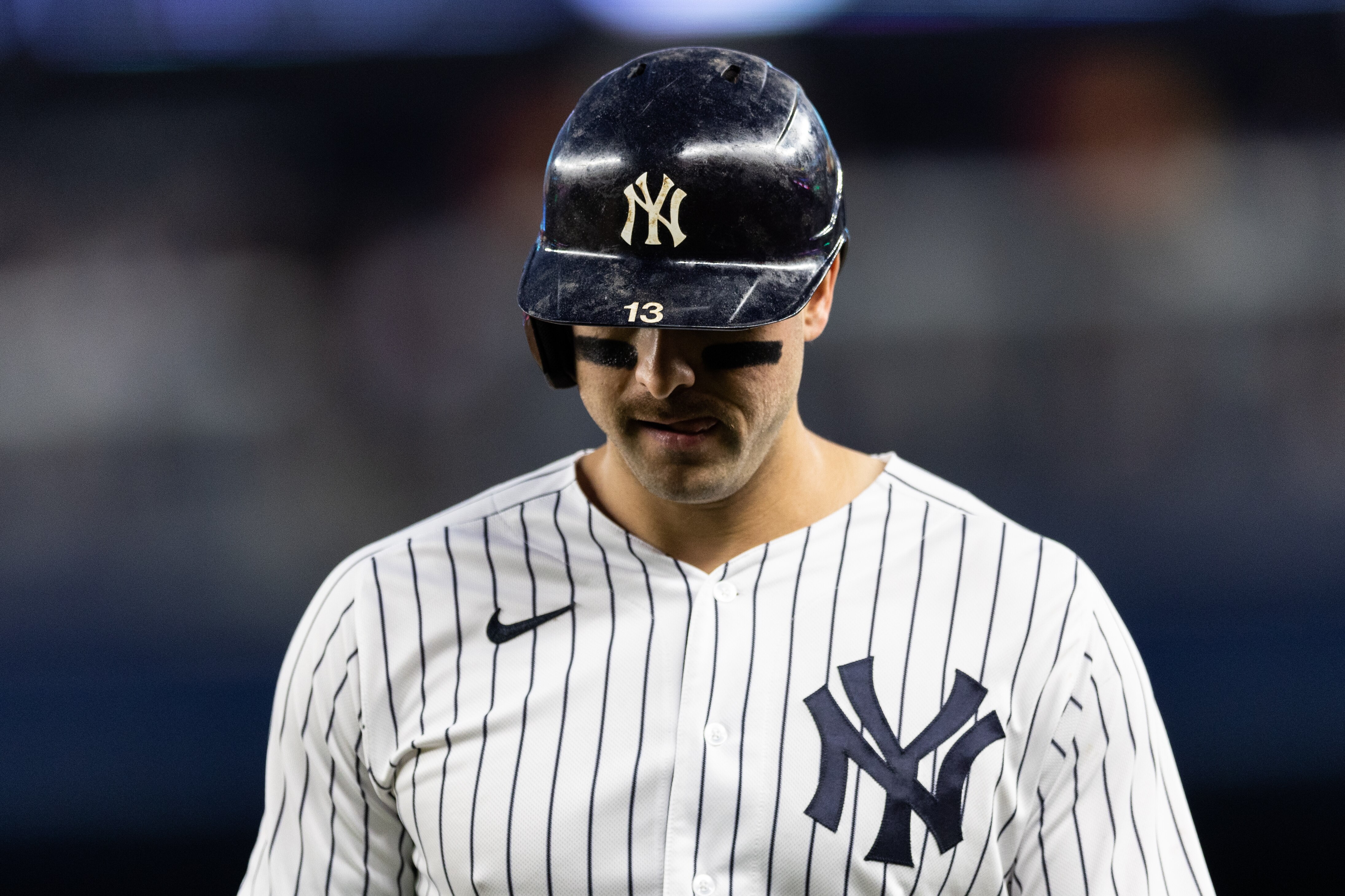 NEW YORK, NEW YORK - JUNE 14: Joey Gallo #13 of the New York Yankees at bat during the fifth inning of the game against the Tampa Bay Rays at Yankee Stadium on June 14, 2022 in New York City. (Photo by Dustin Satloff/Getty Images)