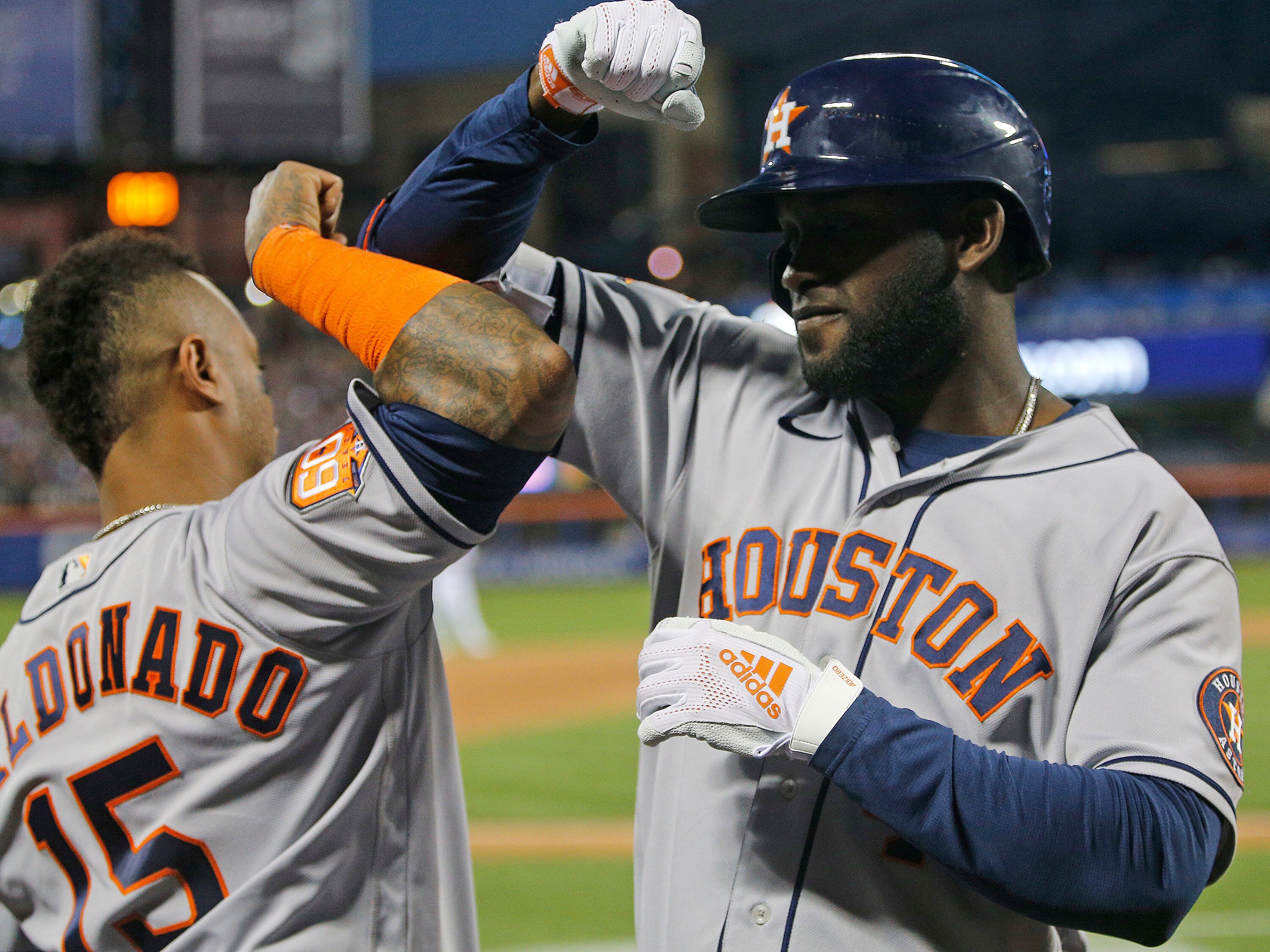 NEW YORK, NY - JUNE 28: Yordan Alvarez #44 of the Houston Astros celebrates his two-run home run with Martin Maldonado #15 in the top of the fifth inning against the New York Mets at Citi Field on June 28, 2022 in the Queens Borough of New York City. (Photo by Christopher Pasatieri/Getty Images)