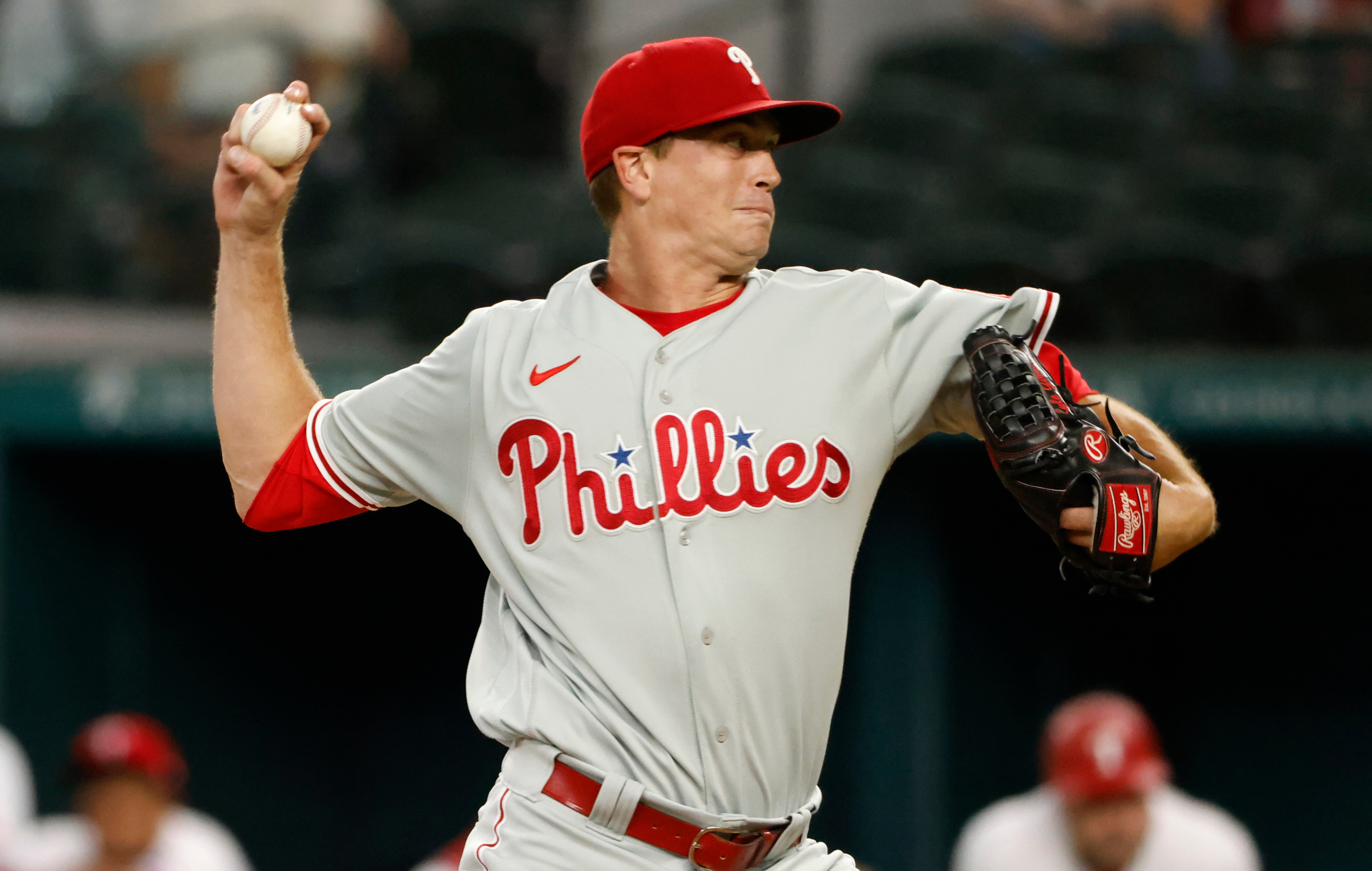 ARLINGTON, TX - JUNE 21: Kyle Gibson #44 of the Philadelphia Phillies pitches during the first inning against the Texas Rangers at Globe Life Field on June 21, 2022 in Arlington, Texas. (Photo by Ron Jenkins/Getty Images)