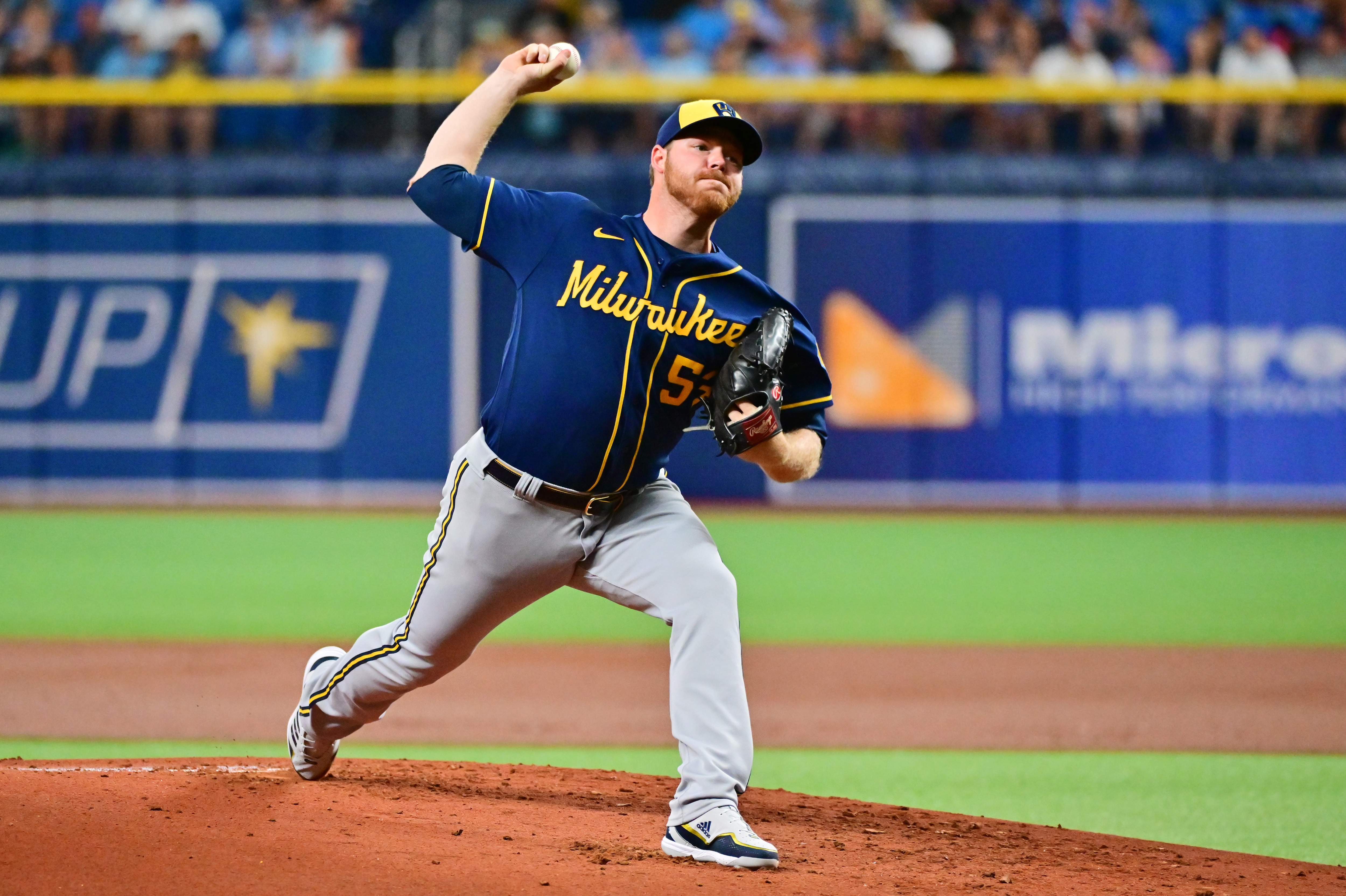 ST PETERSBURG, FLORIDA - JUNE 28: Brandon Woodruff #53 of the Milwaukee Brewers delivers a pitch to the Tampa Bay Rays in the first inning at Tropicana Field on June 28, 2022 in St Petersburg, Florida. (Photo by Julio Aguilar/Getty Images)