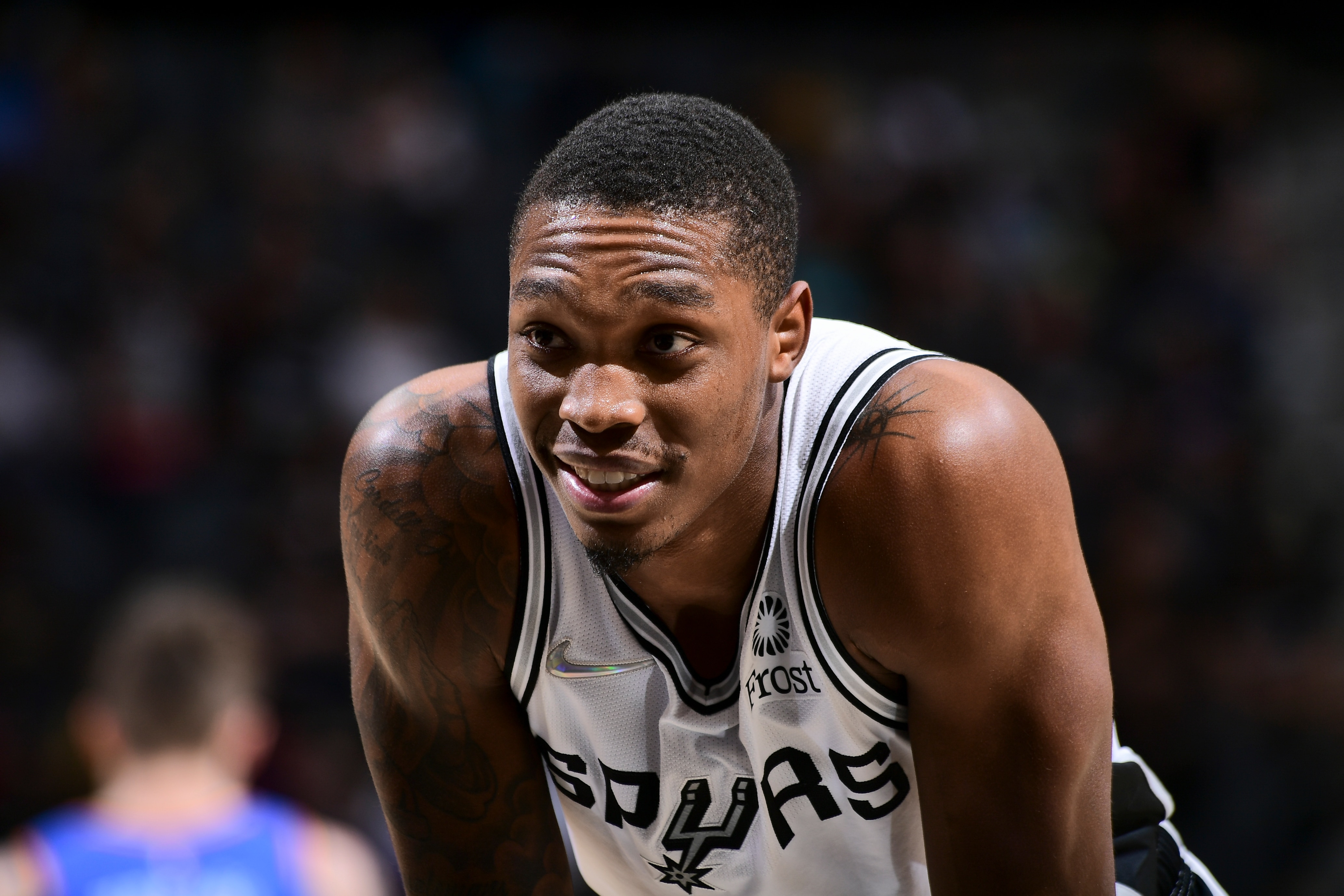 SAN ANTONIO, TX - MARCH 16: Lonnie Walker IV #1 of the San Antonio Spurs smiles during the game against the Oklahoma City Thunder on March 16, 2022 at the AT&T Center in San Antonio, Texas. NOTE TO USER: User expressly acknowledges and agrees that, by downloading and or using this photograph, user is consenting to the terms and conditions of the Getty Images License Agreement. Mandatory Copyright Notice: Copyright 2022 NBAE (Photos by Michael Gonzales/NBAE via Getty Images)