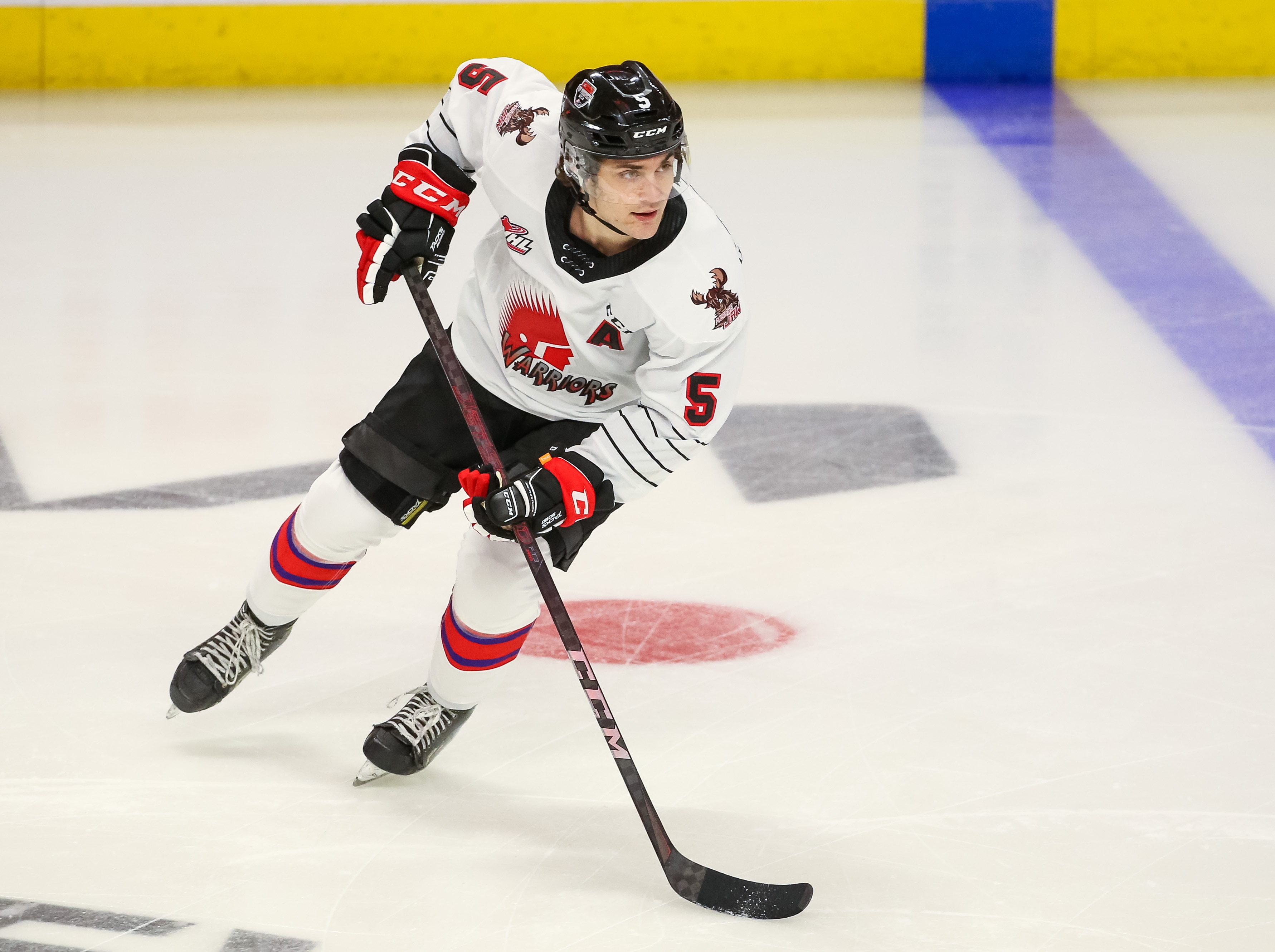 KITCHENER, ONTARIO - MARCH 23: Denton Mateychuk #5 of Team White skates during morning skate prior to the 2022 CHL/NHL Top Prospects Game at Kitchener Memorial Auditorium on March 23, 2022 in Kitchener, Ontario. (Photo by Chris Tanouye/Getty Images)