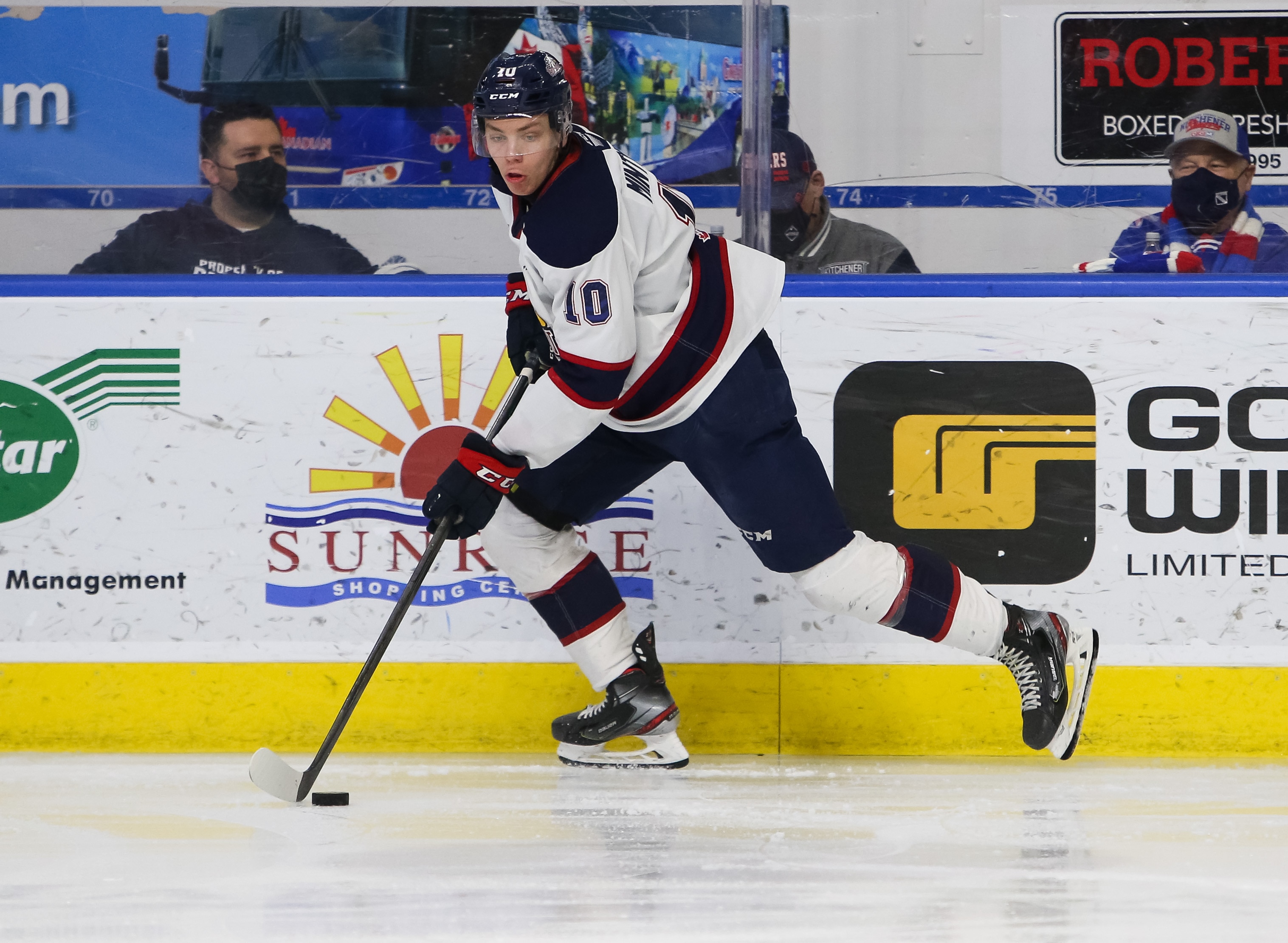 KITCHENER, ONTARIO - MARCH 04: Pavel Mintyukov #10 of the Saginaw Spirit skates against the Kitchener Rangers at Kitchener Memorial Auditorium on March 04, 2022 in Kitchener, Ontario. (Photo by Chris Tanouye/Getty Images)