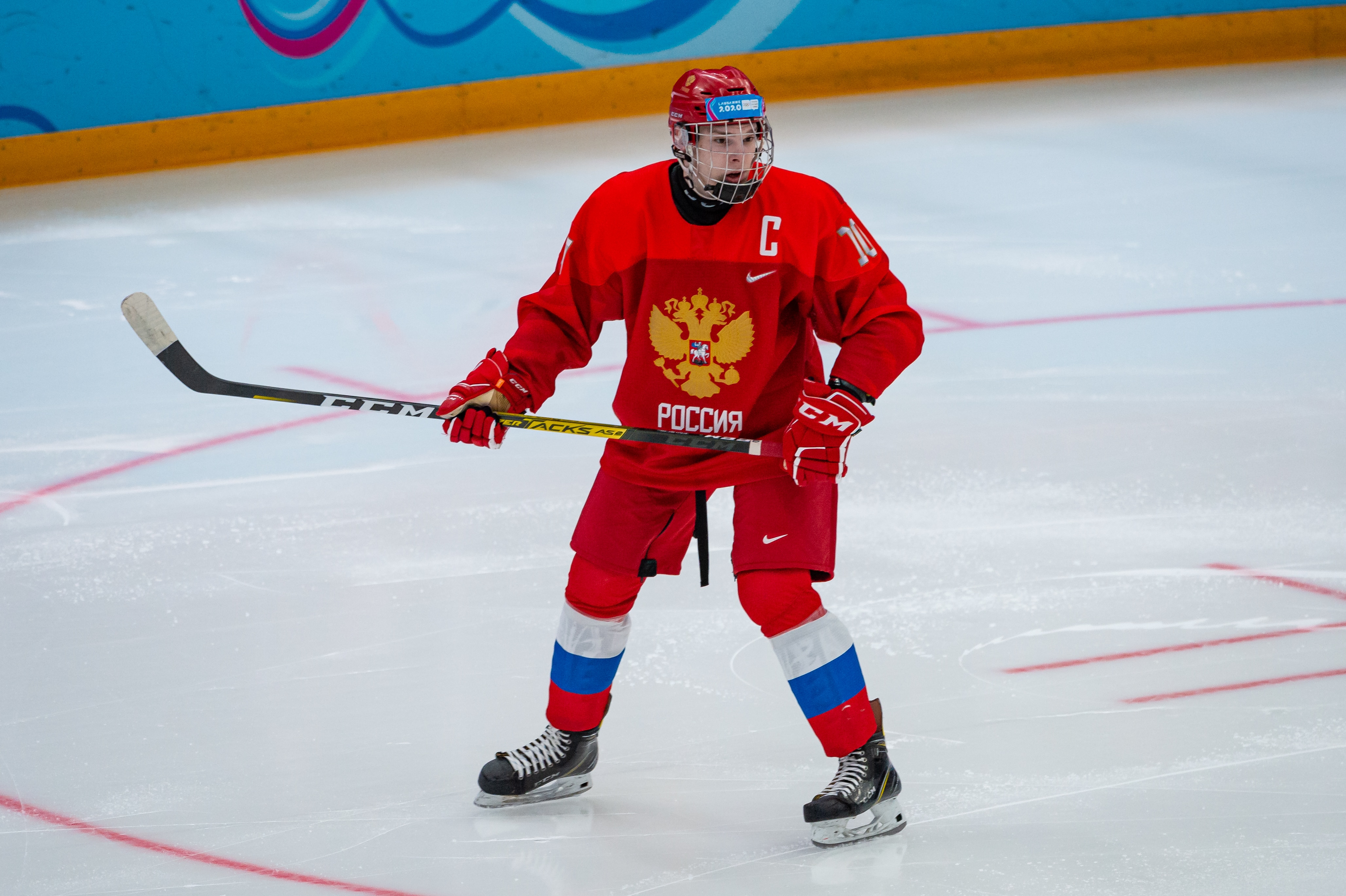 LAUSANNE, SWITZERLAND - JANUARY 21: #10 Ivan Miroshnichenko of Russian Federation looks on during Men's 6-Team Tournament Semifinals Game between Russia and Finland of the Lausanne 2020 Winter Youth Olympics on January 20, 2021 in Lausanne, Switzerland. (Photo by RvS.Media/Robert Hradil/Getty Images)