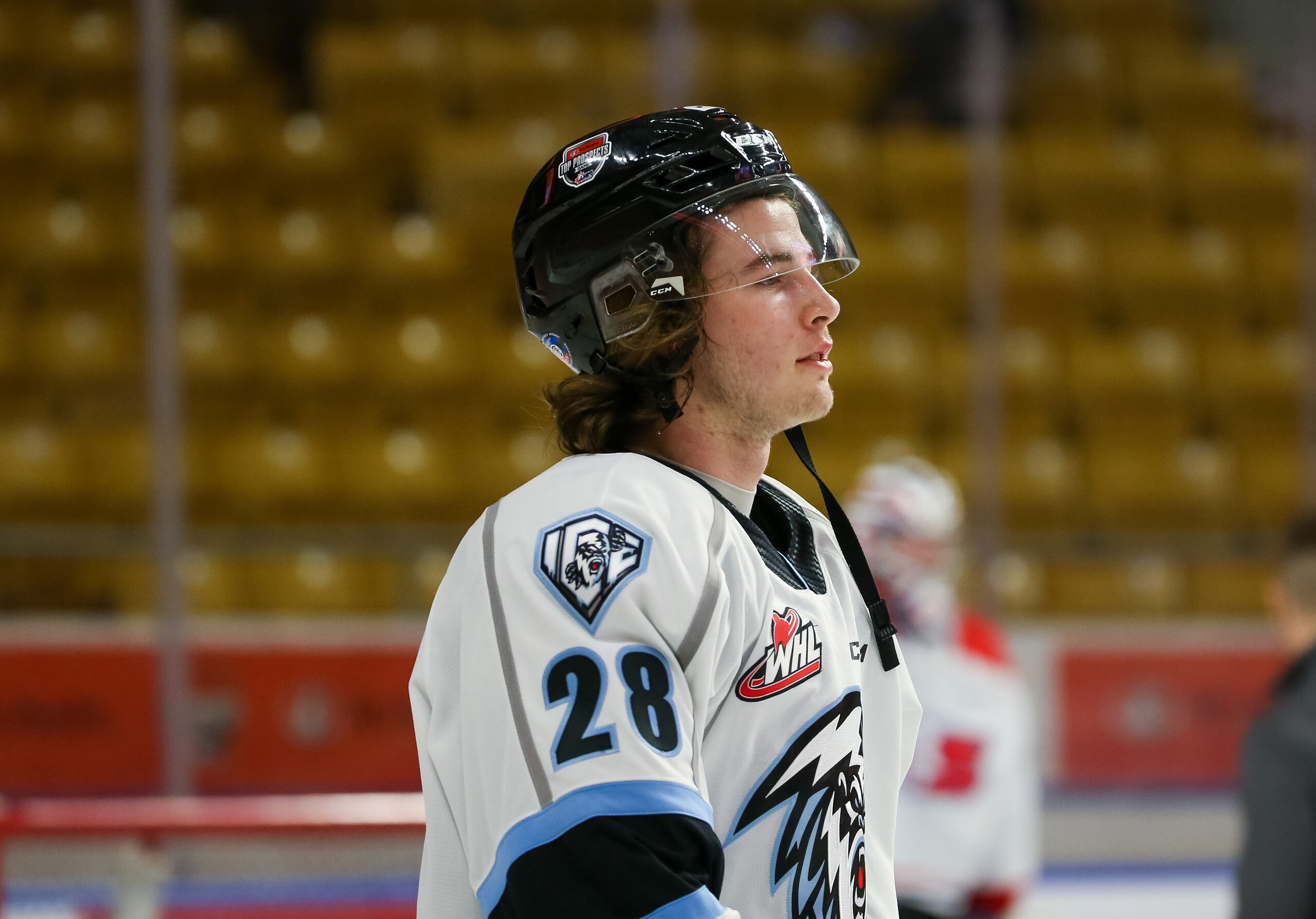KITCHENER, ONTARIO - MARCH 23: Conor Geekie #28 of Team White skates during morning skate of the the 2022 CHL/NHL Top Prospects Game at Kitchener Memorial Auditorium on March 23, 2022 in Kitchener, Ontario. (Photo by Chris Tanouye/Getty Images)