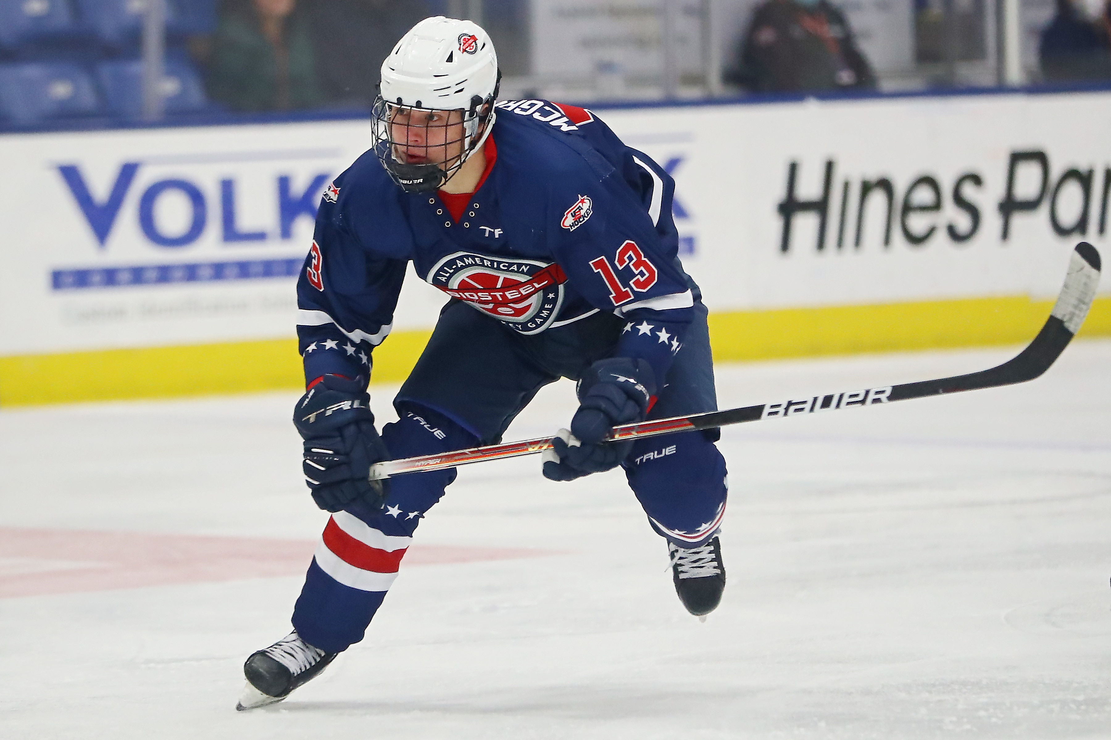 PLYMOUTH, MICHIGAN - JANUARY 17: Rutger McGroarty #13 of Team Blue skates up the ice in the third period of the USA Hockey All-American Game at USA Hockey Arena on January 17, 2022 in Plymouth, Michigan. (Photo by Mike Mulholland/Getty Images)