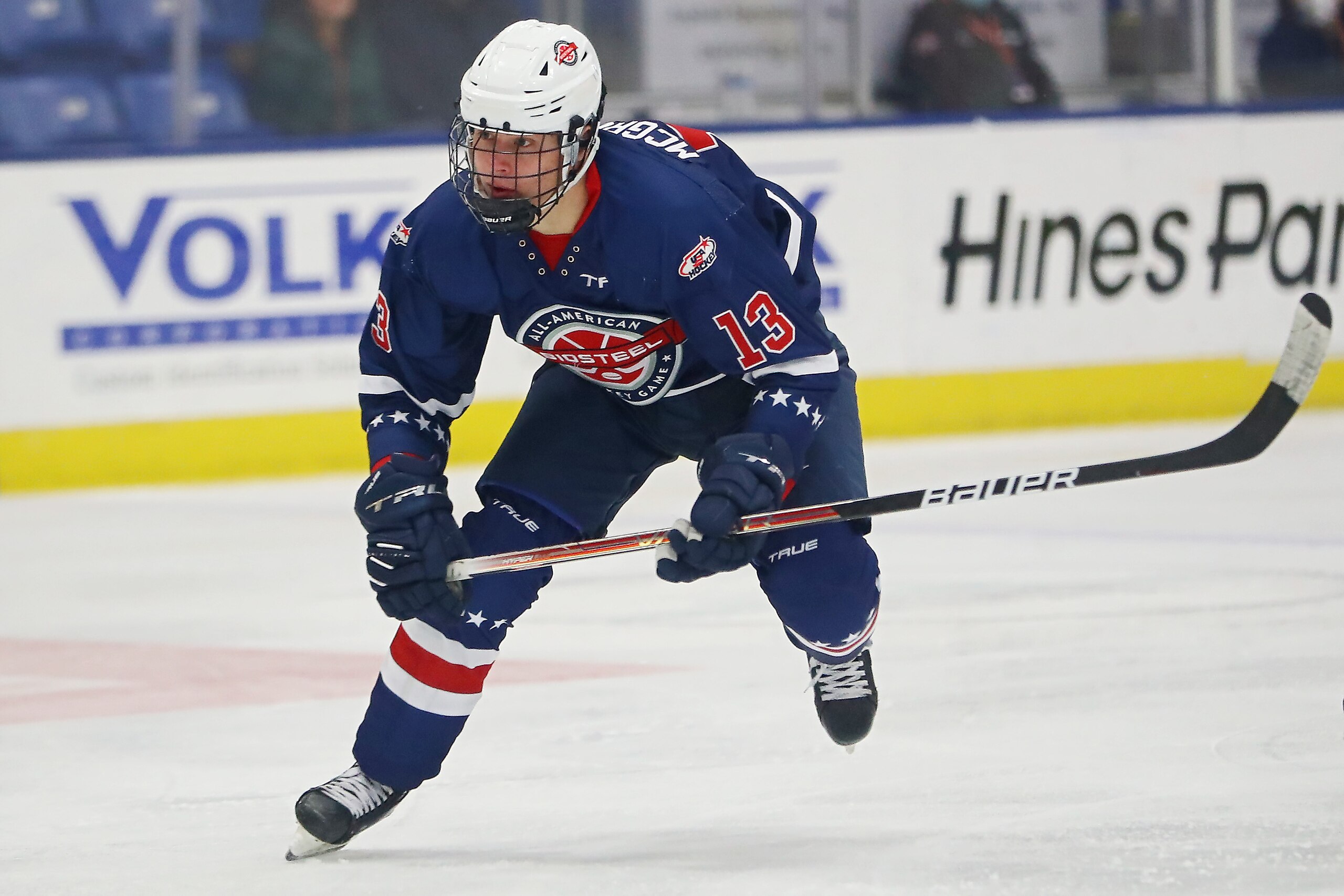 PLYMOUTH, MICHIGAN - JANUARY 17: Rutger McGroarty #13 of Team Blue skates up the ice in the third period of the USA Hockey All-American Game at USA Hockey Arena on January 17, 2022 in Plymouth, Michigan. (Photo by Mike Mulholland/Getty Images)