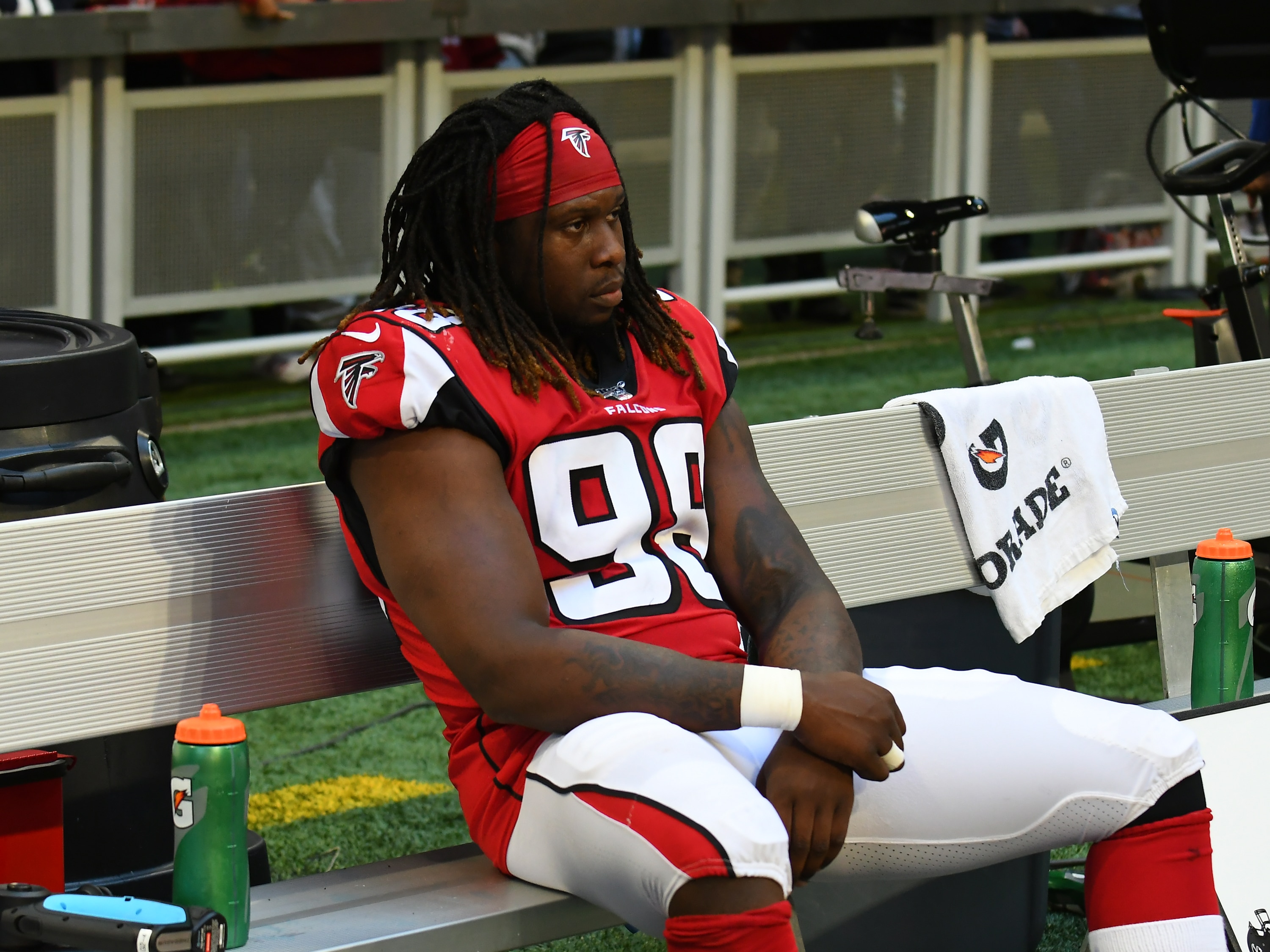 ATLANTA, GA - OCTOBER 20: A dejected Atlanta Falcons Defensive End Takkarist McKinley (98) on the sidelines during the NFL game between the Los Angeles Rams and the Atlanta Falcons on October 20, 2019, at Mercedes-Benz Stadium in Atlanta, GA.(Photo by Jeffrey Vest/Icon Sportswire via Getty Images)