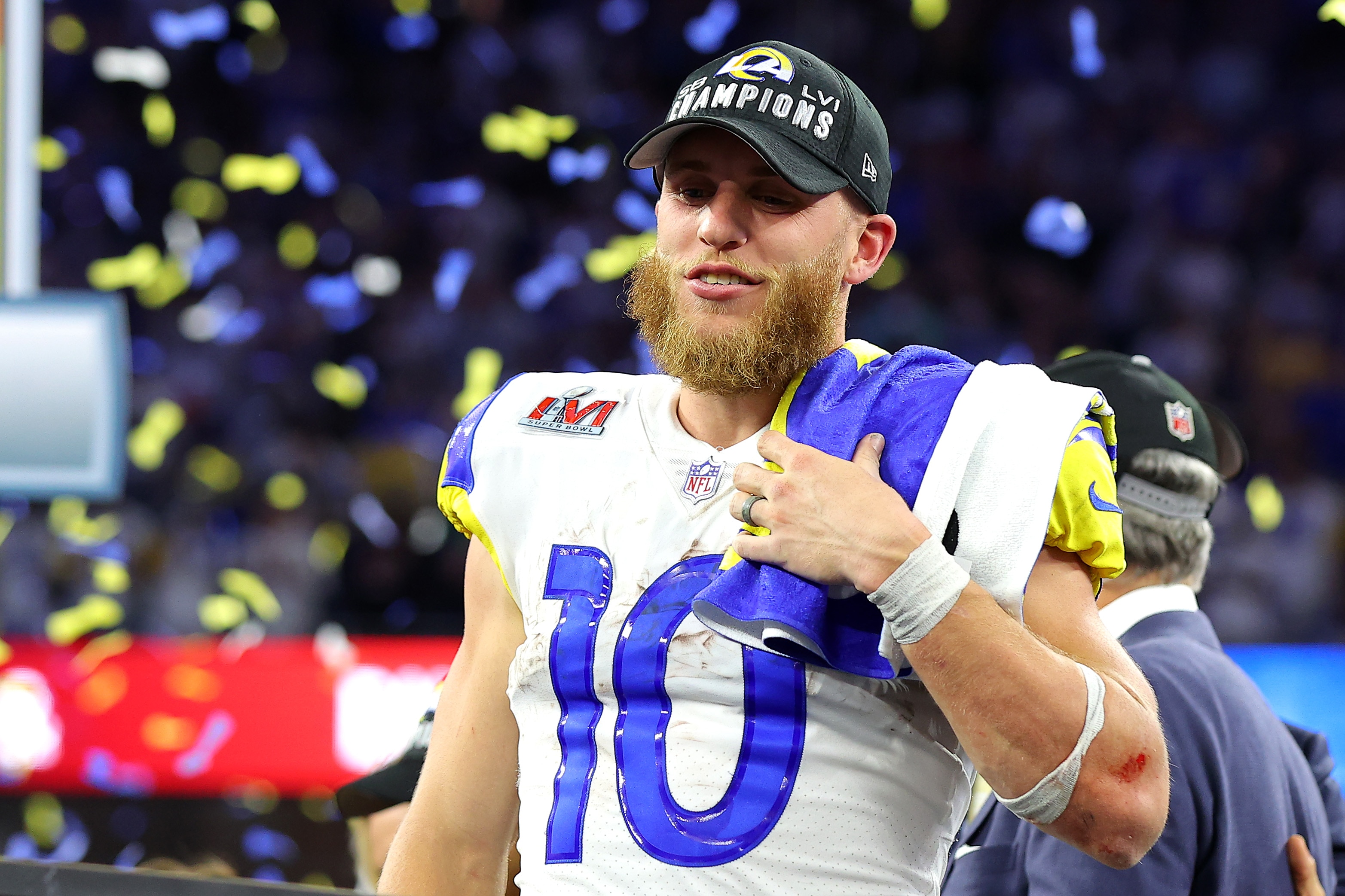 INGLEWOOD, CALIFORNIA - FEBRUARY 13: Cooper Kupp #10 of the Los Angeles Rams celebrates after Super Bowl LVI at SoFi Stadium on February 13, 2022 in Inglewood, California. The Los Angeles Rams defeated the Cincinnati Bengals 23-20.  (Photo by Kevin C. Cox/Getty Images)