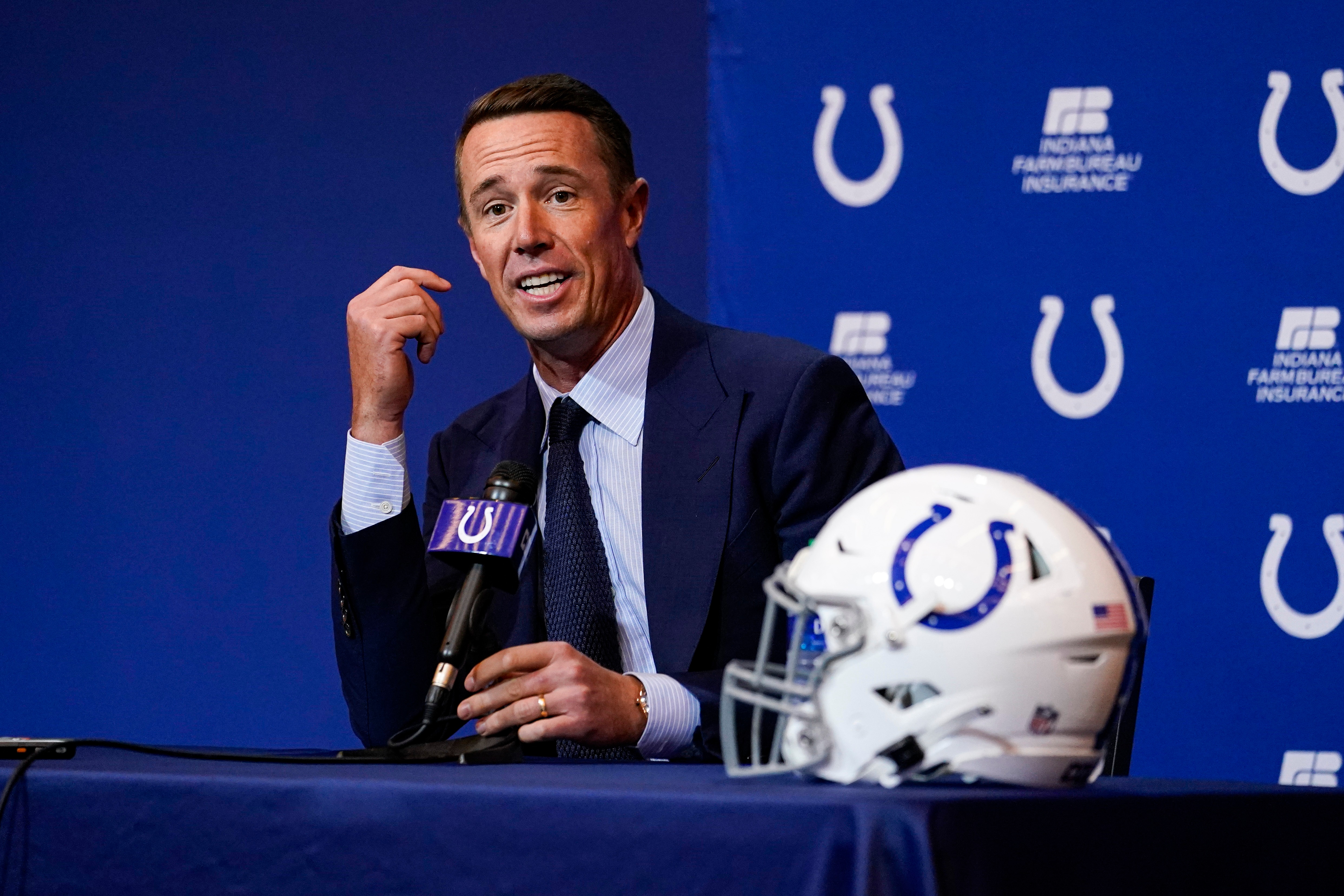 Indianapolis Colts quarterback Matt Ryan speaks during a press conference at the NFL team's practice facility in Indianapolis, Tuesday, March 22, 2022. (AP Photo/Michael Conroy)