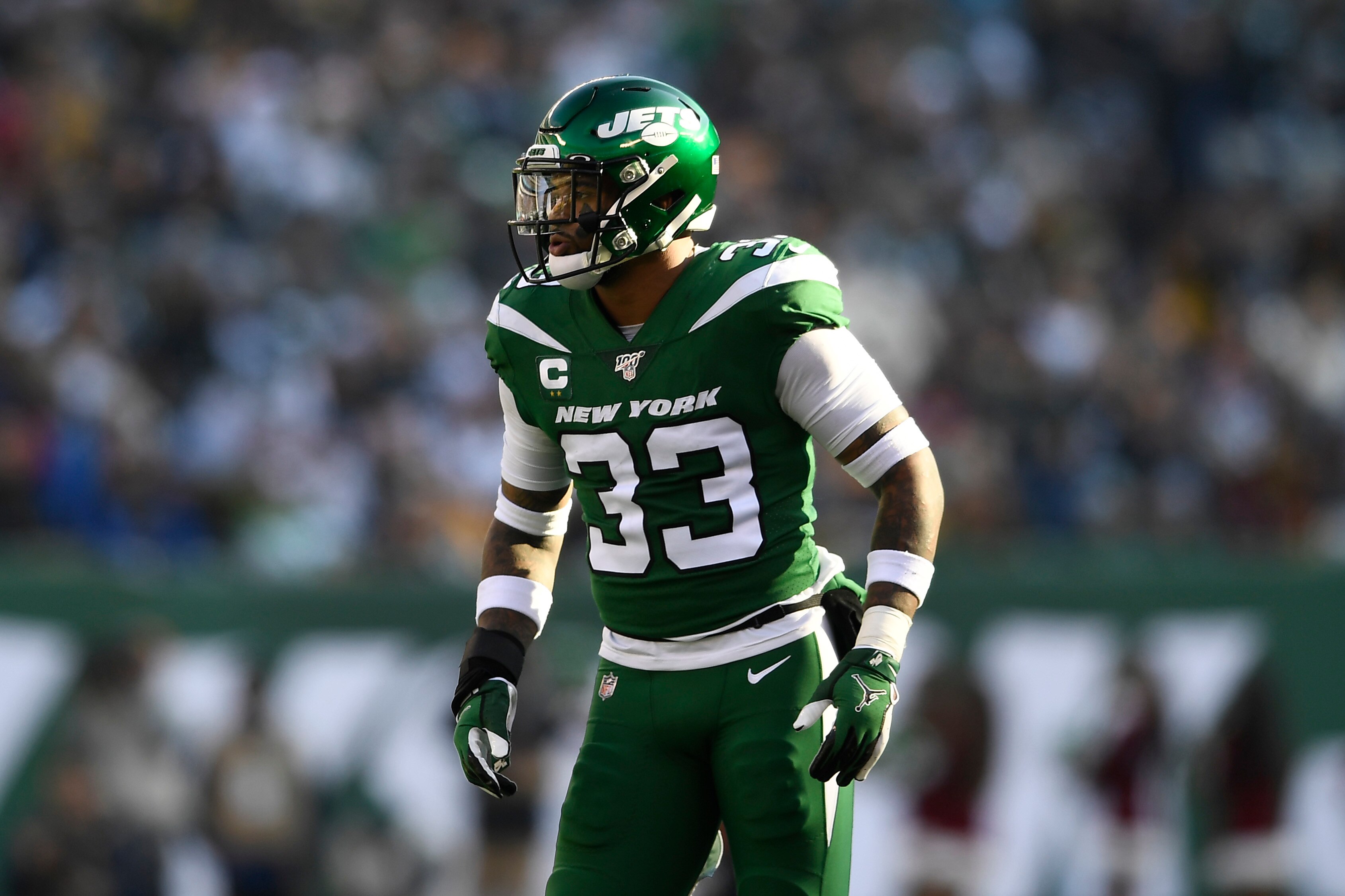 EAST RUTHERFORD, NEW JERSEY - DECEMBER 22: Jamal Adams #33 of the New York Jets looks on during the first half of the game against the Pittsburgh Steelers at MetLife Stadium on December 22, 2019 in East Rutherford, New Jersey. (Photo by Sarah Stier/Getty Images)