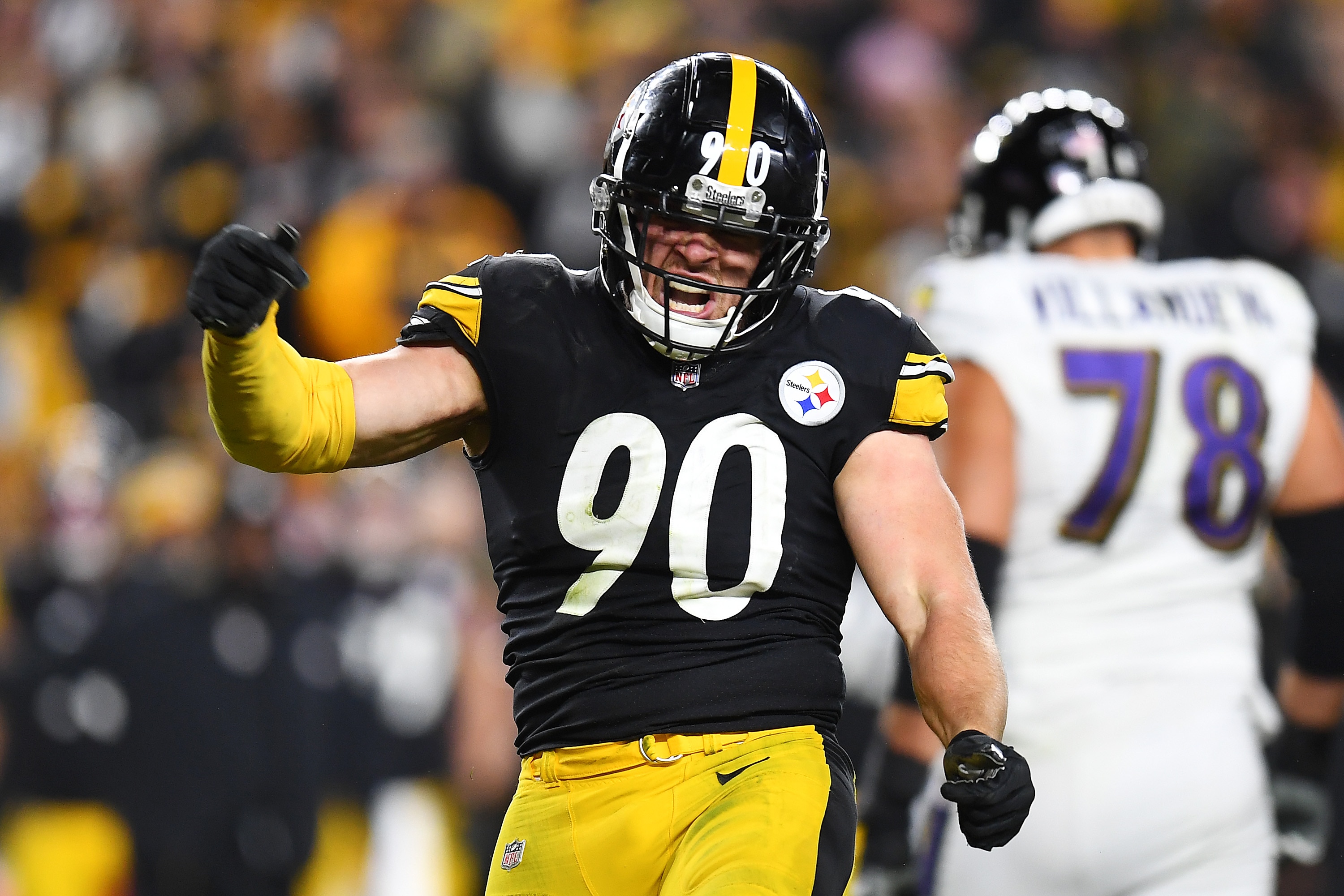 PITTSBURGH, PENNSYLVANIA - DECEMBER 05: T.J. Watt #90 of the Pittsburgh Steelers reacts after a sack during the fourth quarter against the Baltimore Ravens at Heinz Field on December 05, 2021 in Pittsburgh, Pennsylvania. (Photo by Joe Sargent/Getty Images)