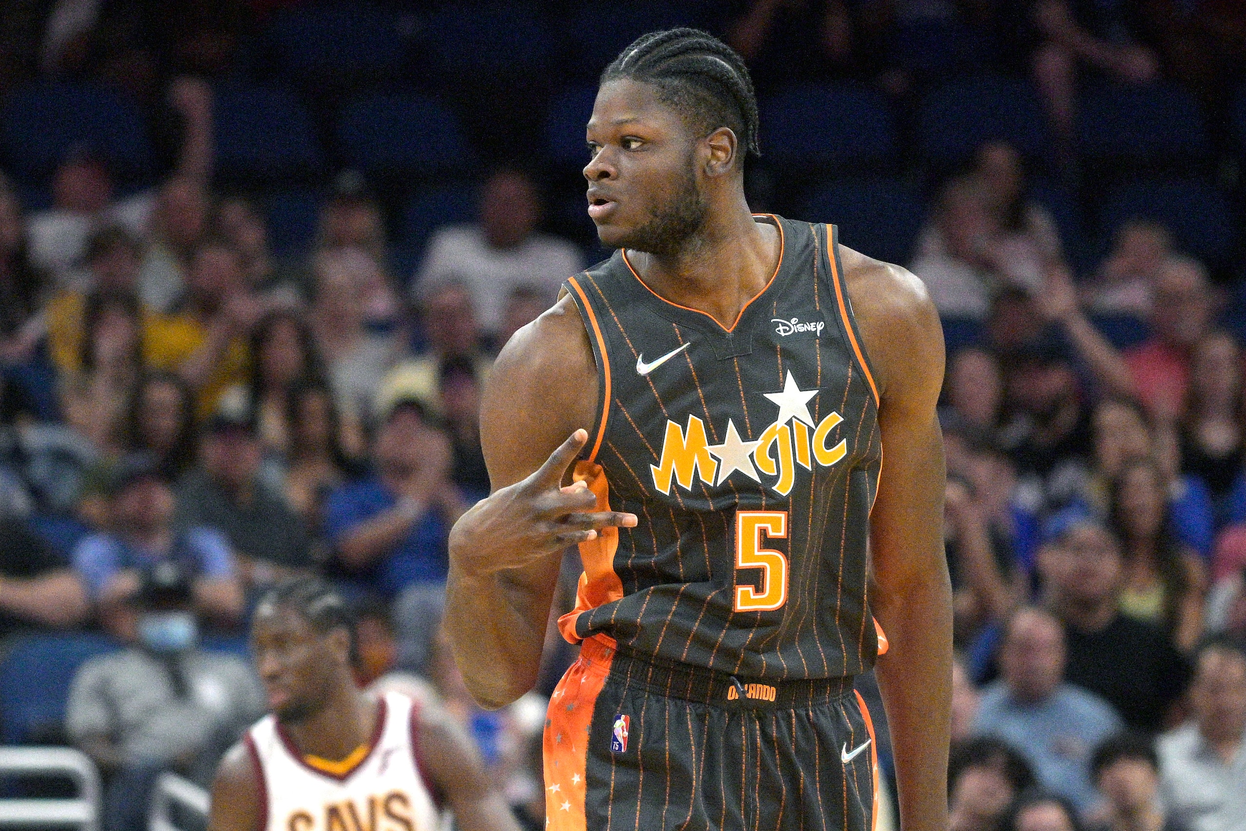 Orlando Magic center Mo Bamba (5) celebrates after scoring a 3-pointer during the first half of an NBA basketball game against the Cleveland Cavaliers, Tuesday, April 5, 2022, in Orlando, Fla. (AP Photo/Phelan M. Ebenhack)