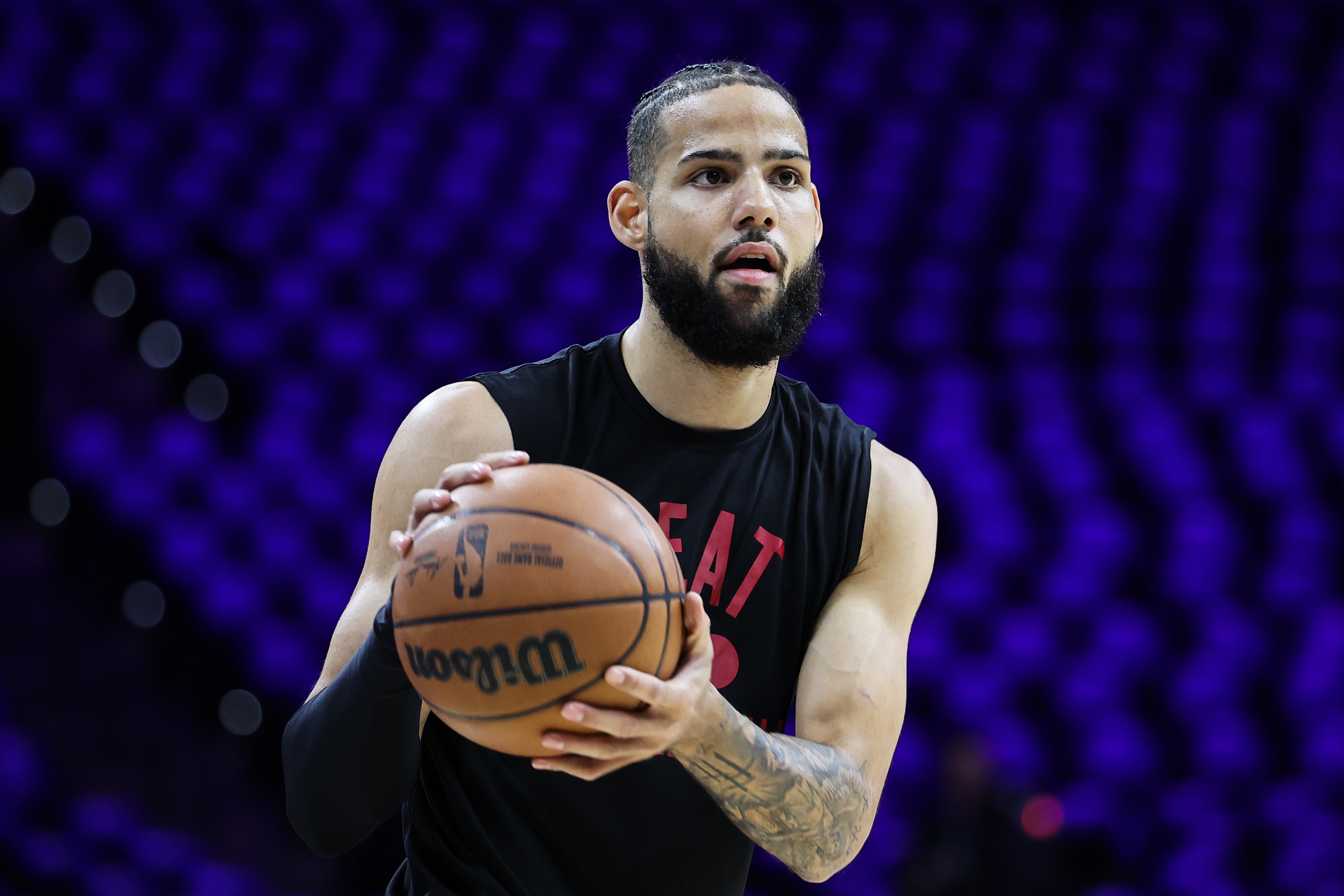 PHILADELPHIA, PA, USA - MAY 8: Miami Heat player Caleb Martin warms up ahead of the NBA match between Philadelphia 76ers and Miami Heat at the Wells Fargo Center in Philadelphia, Pennsylvania, United States on May 8, 2022. (Photo by Tayfun Coskun/Anadolu Agency via Getty Images)