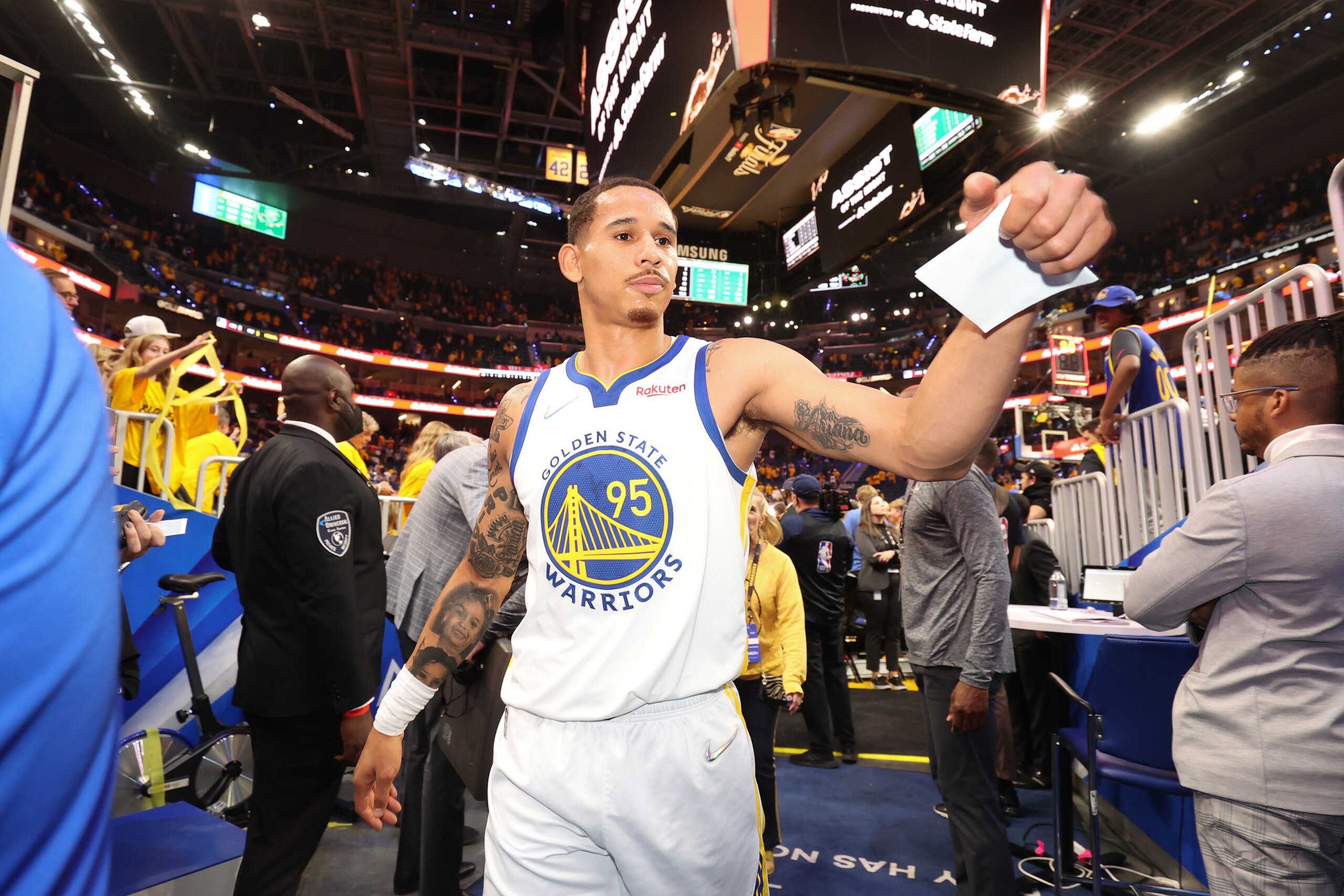 SAN FRANCISCO, CA - JUNE 5: Juan Toscano-Anderson #95 of the Golden State Warriors walks off the court after the game against the Boston Celtics during Game Two of the 2022 NBA Finals on June 5, 2022 at Chase Center in San Francisco, California. NOTE TO USER: User expressly acknowledges and agrees that, by downloading and or using this photograph, user is consenting to the terms and conditions of Getty Images License Agreement. Mandatory Copyright Notice: Copyright 2022 NBAE (Photo by Nathaniel S. Butler/NBAE via Getty Images)