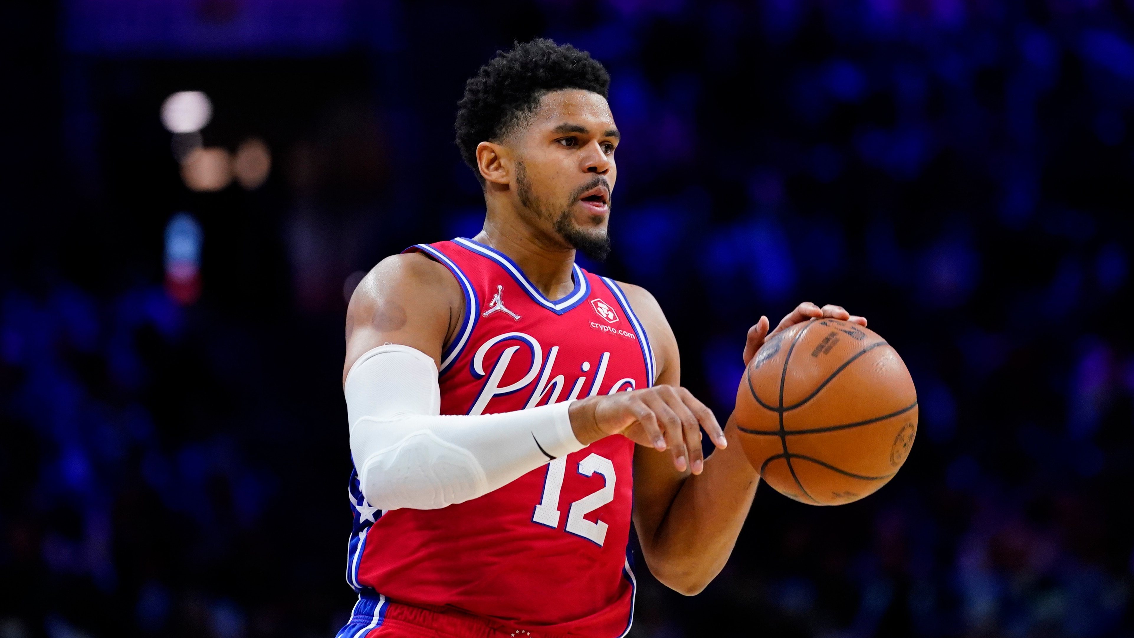 Philadelphia 76ers' Tobias Harris dribbles during the second half of Game 4 of an NBA basketball second-round playoff series against the Miami Heat, Sunday, May 8, 2022, in Philadelphia. (AP Photo/Matt Slocum)