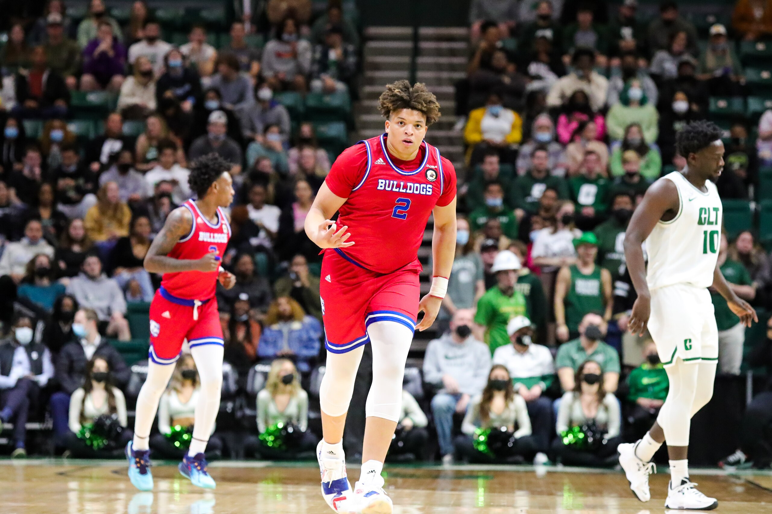 CHARLOTTE, NC - FEBRUARY 10: Kenneth Lofton Jr. (2) of the Louisiana Tech Bulldogs celebrates a three in the first half at a college basketball game between the Charlotte 49ers and the Louisiana Tech Bulldogs on February 10, 2022, at Dale F. Halton Arena in Charlotte, NC. (Photo by David Jensen/Icon Sportswire via Getty Images)