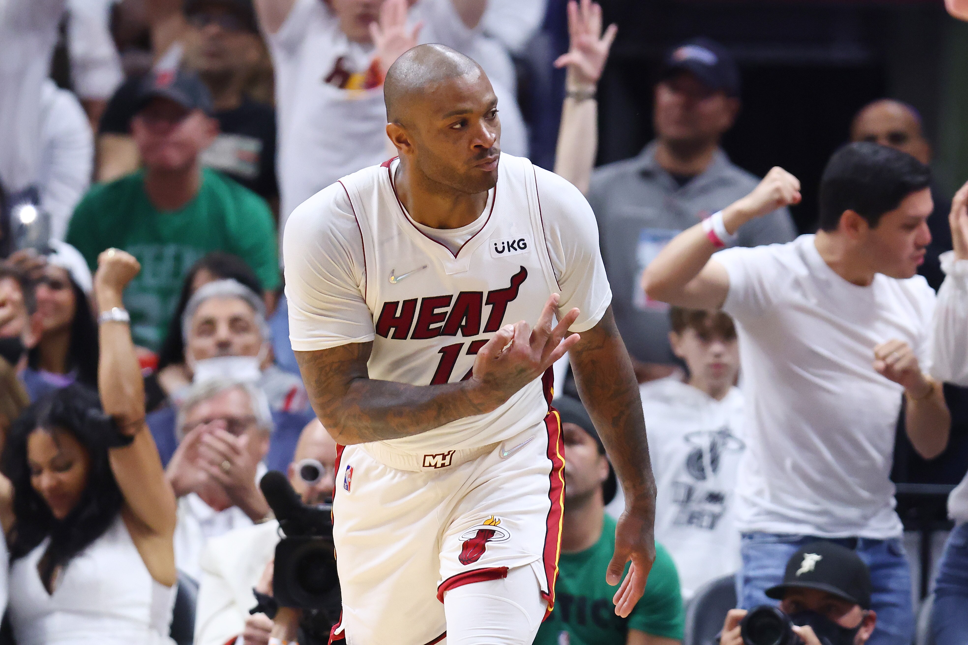 MIAMI, FLORIDA - MAY 17: P.J. Tucker #17 of the Miami Heat celebrates a three pointer against the Boston Celtics in Game One of the 2022 NBA Playoffs Eastern Conference Finals at FTX Arena on May 17, 2022 in Miami, Florida. NOTE TO USER: User expressly acknowledges and agrees that, by downloading and or using this photograph, User is consenting to the terms and conditions of the Getty Images License Agreement.  (Photo by Michael Reaves/Getty Images)