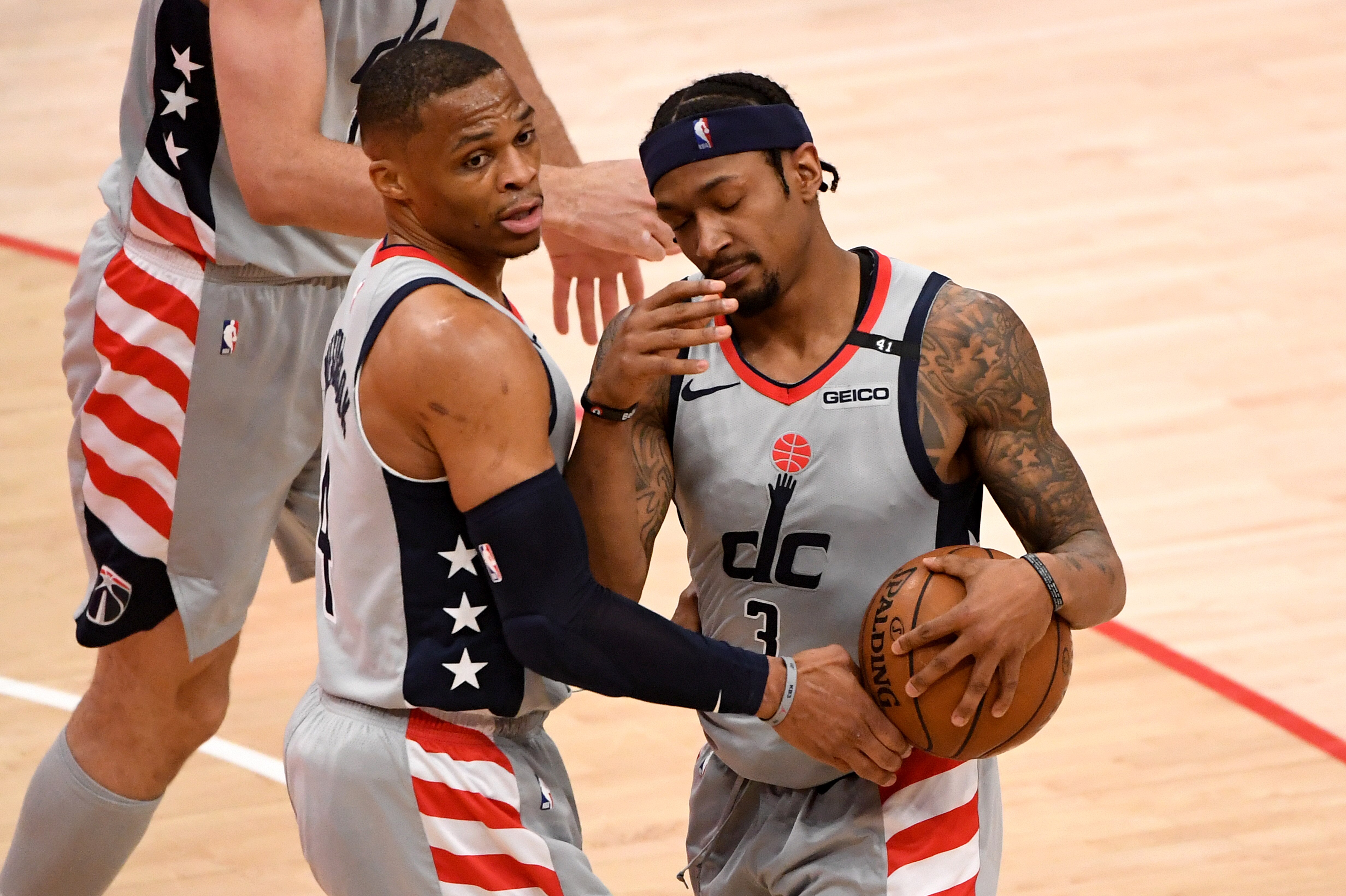 WASHINGTON, DC - APRIL 25: Russell Westbrook #4 and Bradley Beal #3 of the Washington Wizards react after a play against the Cleveland Cavaliers during the second half at Capital One Arena on April 25, 2021 in Washington, DC. NOTE TO USER: User expressly acknowledges and agrees that, by downloading and or using this photograph, User is consenting to the terms and conditions of the Getty Images License Agreement. (Photo by Will Newton/Getty Images) WASHINGTON, DC - APRIL 25: Russell Westbrook #4 and Bradley Beal #3 of the Washington Wizards react after a play against the Cleveland Cavaliers during the second half at Capital One Arena on April 25, 2021 in Washington, DC. NOTE TO USER: User expressly acknowledges and agrees that, by downloading and or using this photograph, User is consenting to the terms and conditions of the Getty Images License Agreement. (Photo by Will Newton/Getty Images)