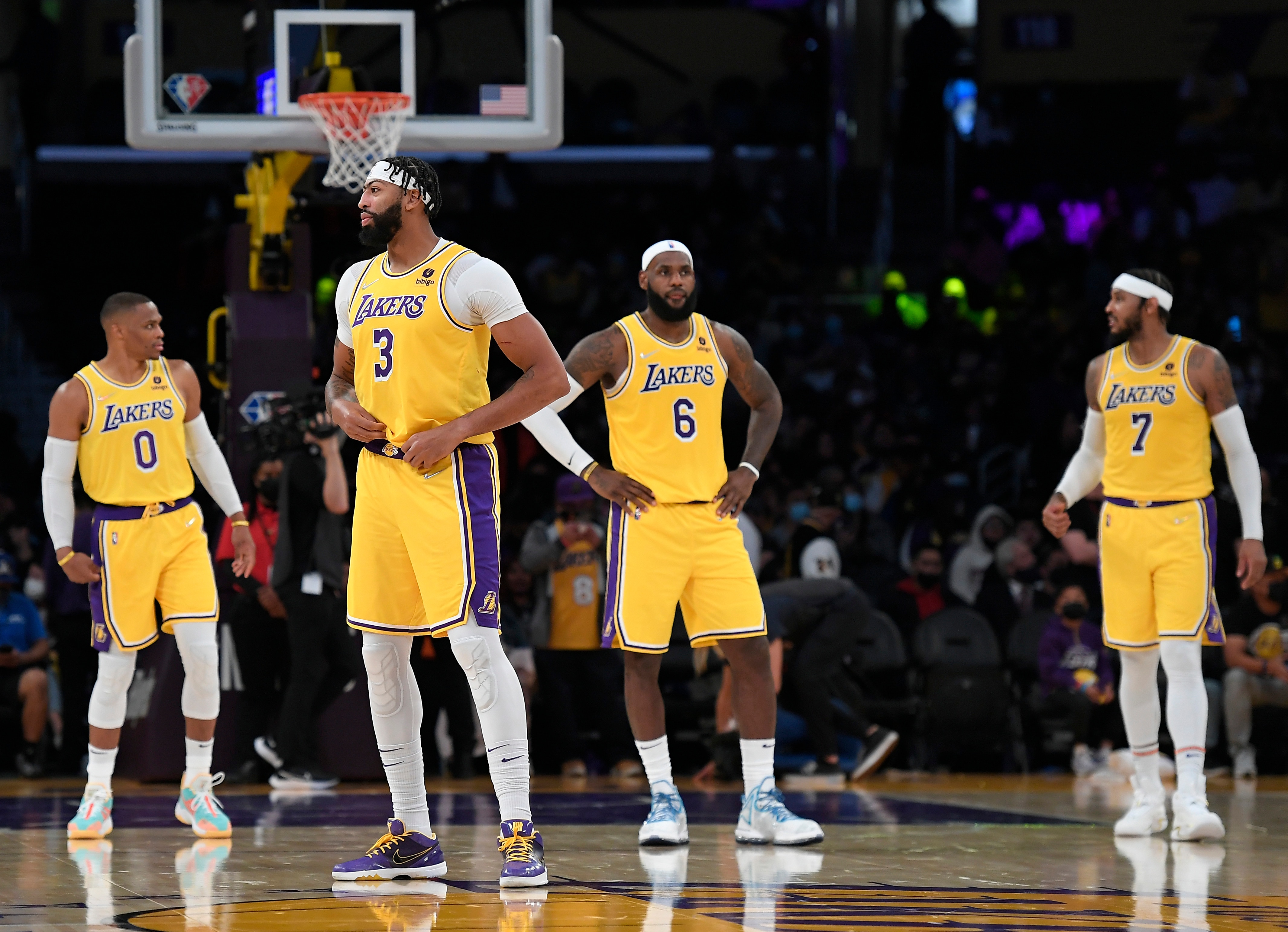 LOS ANGELES, CA - OCTOBER 12: Anthony Davis #3 Carmelo Anthony #7, LeBron James #6 and Russell Westbrook #0 of the Los Angeles Lakers on the basketball court together during the second half of a preseason basketball game against the Golden State Warriors at Staples Center on October 12, 2021 in Los Angeles, California. NOTE TO USER: User expressly acknowledges and agrees that, by downloading and/or using this Photograph, user is consenting to the terms and conditions of the Getty Images License Agreement. (Photo by Kevork Djansezian/Getty Images) LOS ANGELES, CA - OCTOBER 12: Anthony Davis #3 Carmelo Anthony #7, LeBron James #6 and Russell Westbrook #0 of the Los Angeles Lakers on the basketball court together during the second half of a preseason basketball game against the Golden State Warriors at Staples Center on October 12, 2021 in Los Angeles, California. NOTE TO USER: User expressly acknowledges and agrees that, by downloading and/or using this Photograph, user is consenting to the terms and conditions of the Getty Images License Agreement. (Photo by Kevork Djansezian/Getty Images)
