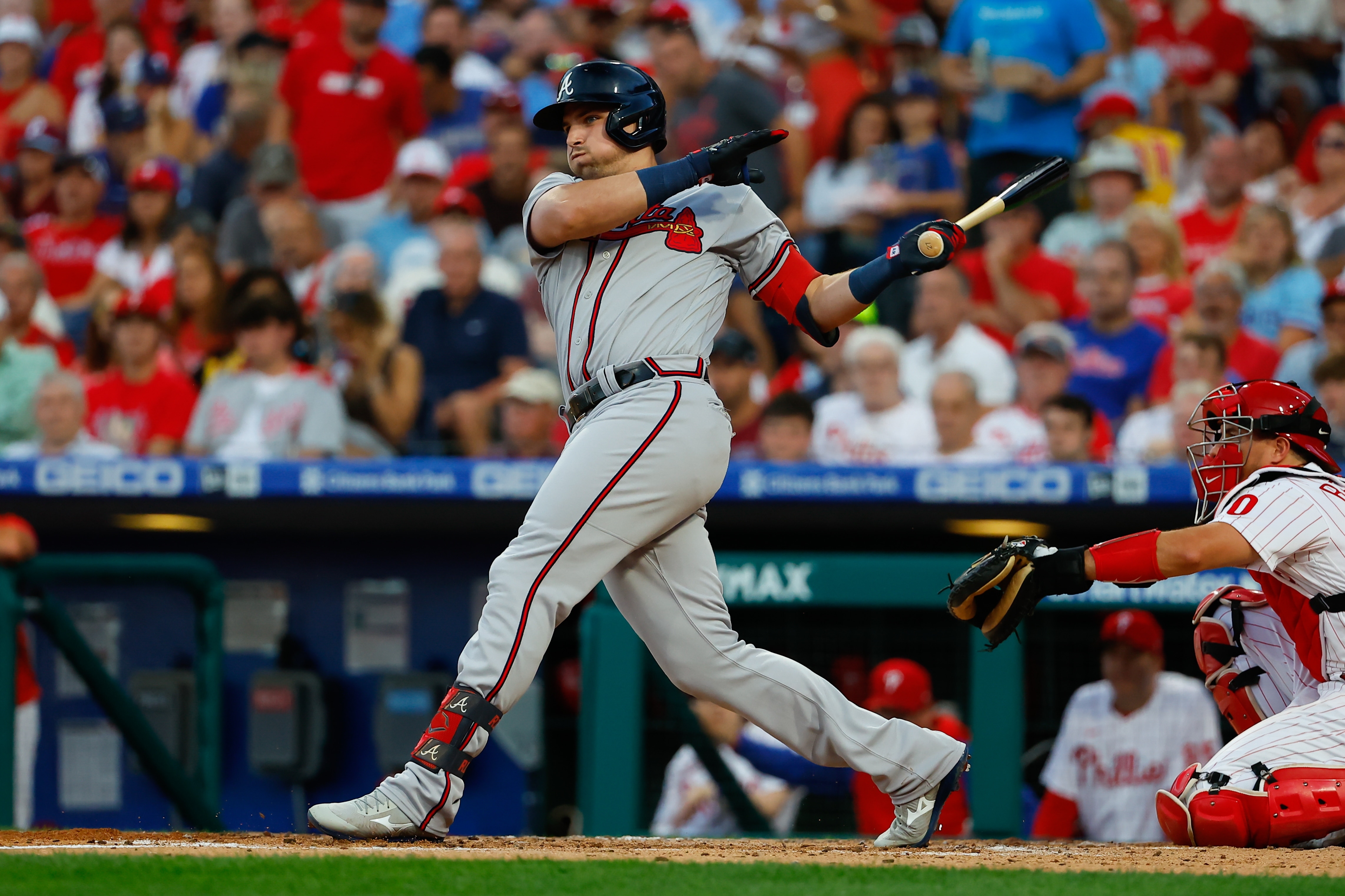 PHILADELPHIA, PA - JUNE 28:  Atlanta Braves third baseman Austin Riley (27) at bat during the Major League Baseball game between the Philadelphia Phillies and the Atlanta Braves on June 28, 2022 at Citizens Bank Park in Philadelphia, Pennsylvania.  (Photo by Rich Graessle/Icon Sportswire via Getty Images)