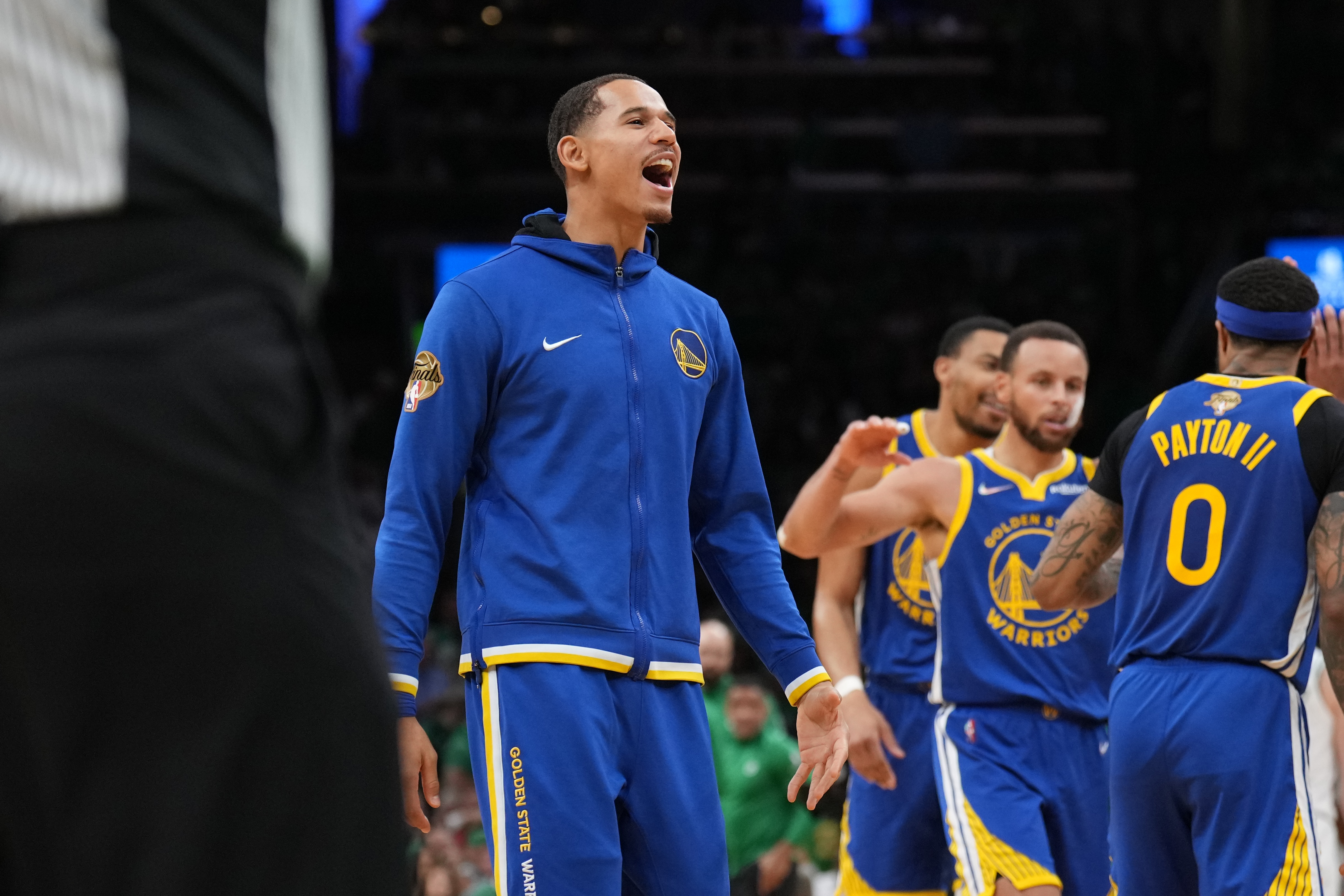 BOSTON, MA - JUNE 16: Juan Toscano-Anderson #95 of the Golden State Warriors celebrates during Game Six of the 2022 NBA Finals on June 16, 2022 at TD Garden in Boston, Massachusetts. NOTE TO USER: User expressly acknowledges and agrees that, by downloading and or using this photograph, user is consenting to the terms and conditions of Getty Images License Agreement. Mandatory Copyright Notice: Copyright 2022 NBAE (Photo by Jesse D. Garrabrant/NBAE via Getty Images)