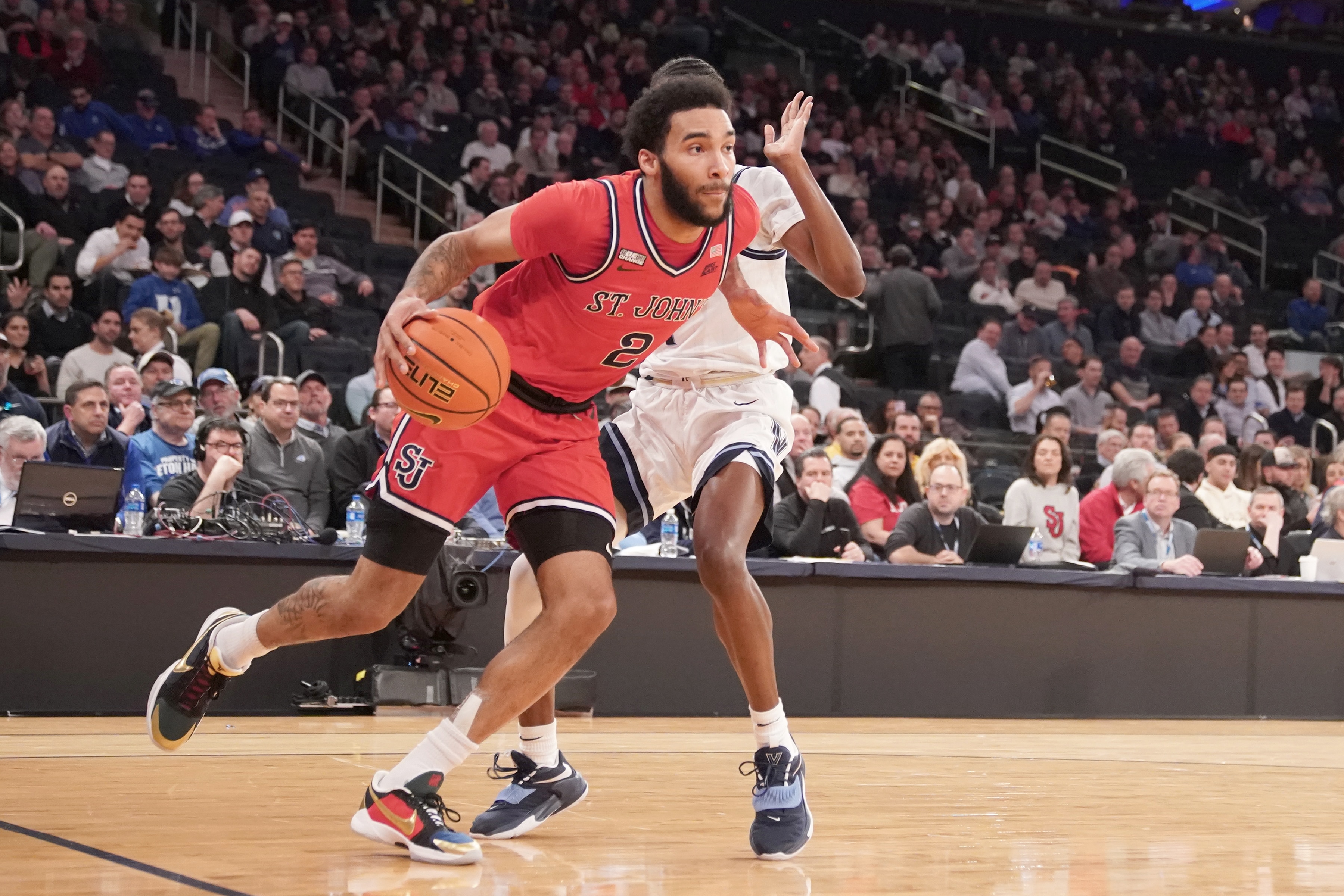 NEW YORK, NEW YORK - MARCH 10:  Julian Champagnie #2 of the St. John's Red Storm dribbles the ball during the quarterfinals of the Big East Basketball Tournament against the Villanova Wildcats at Madison Square Garden on March 10, 2022 in New York City.  (Photo by Mitchell Layton/Getty Images)