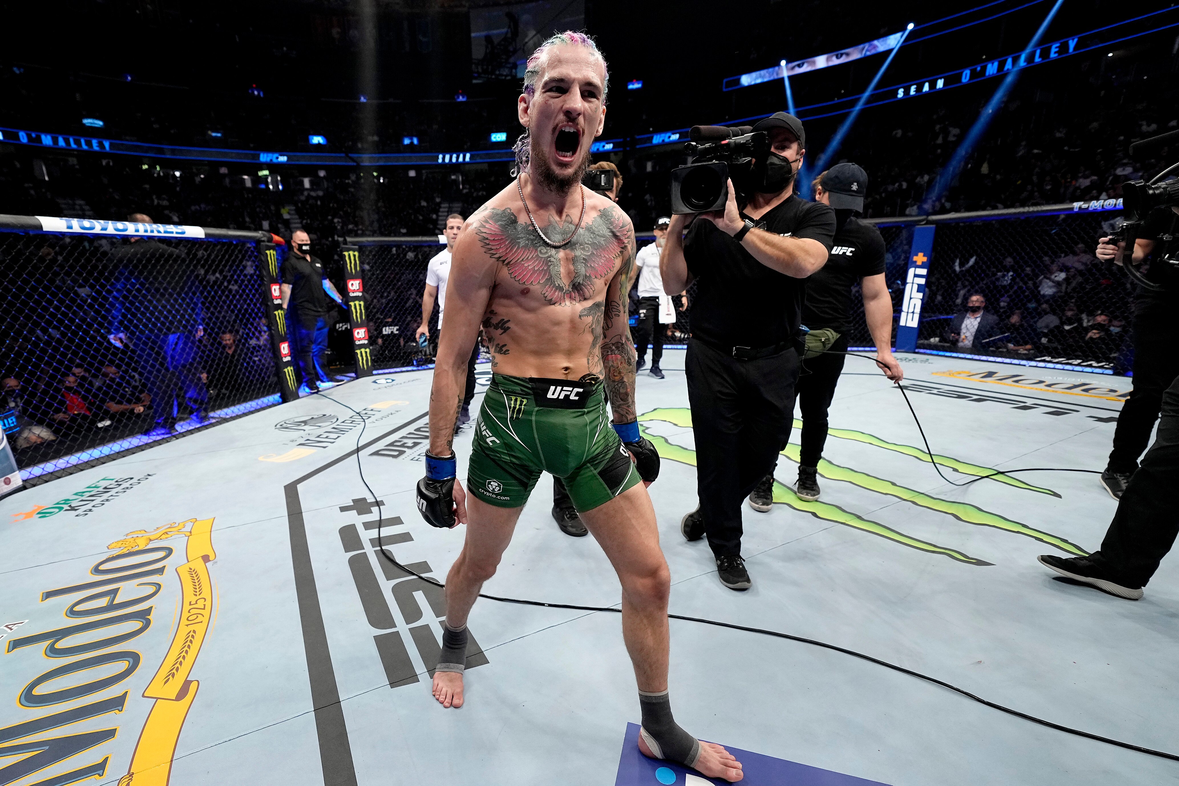 LAS VEGAS, NEVADA - DECEMBER 11: Sean O'Malley reacts after defeating Raulian Paiva of Brazil in their bantamweight bout during the UFC 269 on December 11, 2021 in Las Vegas, Nevada. (Photo by Jeff Bottari/Zuffa LLC)