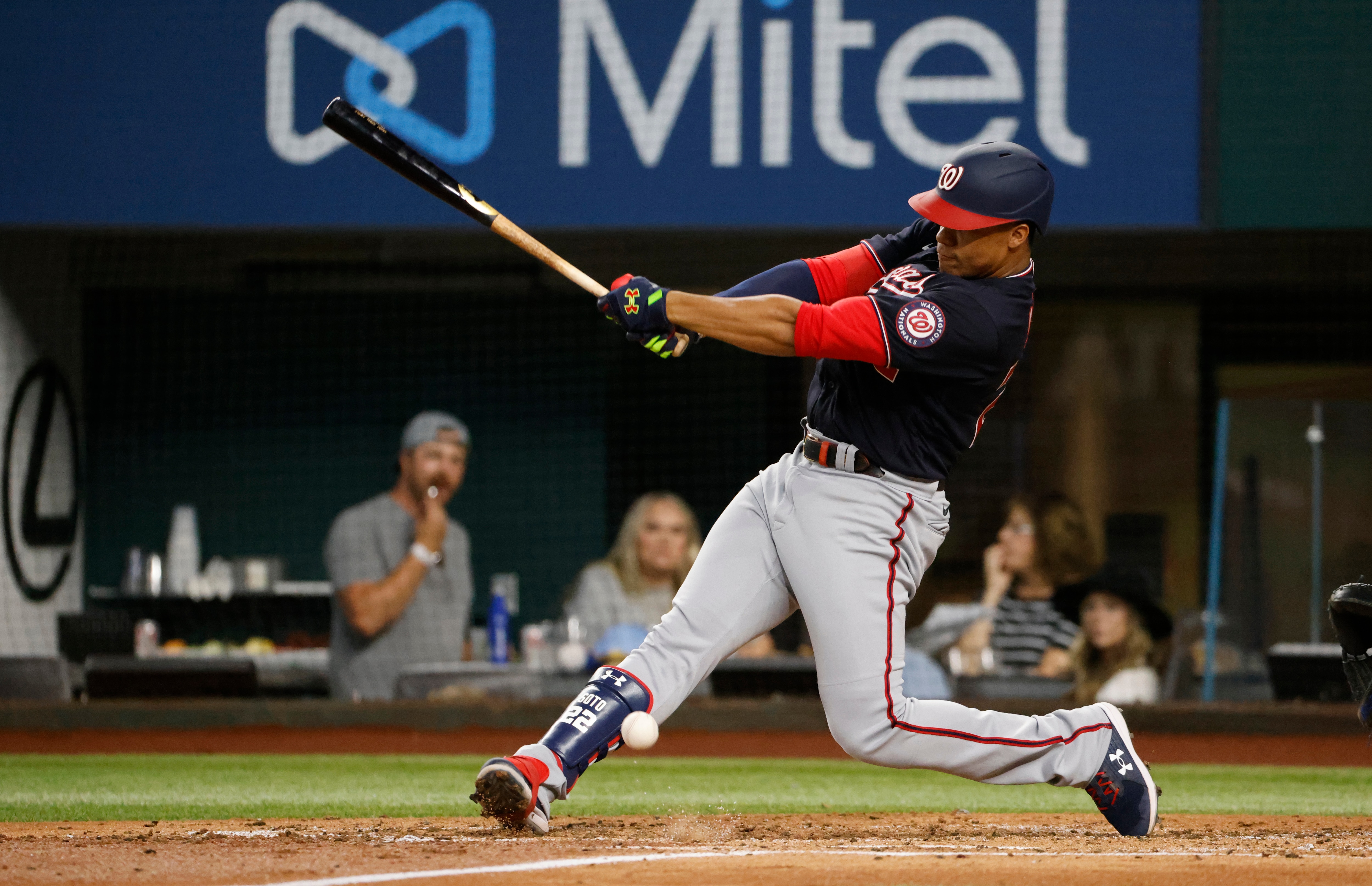 ARLINGTON, TX - JUNE 24: Juan Soto #22 of the Washington Nationals bats against the Texas Rangers at Globe Life Field on June 24, 2022 in Arlington, Texas. The Nationals won 2-1. (Photo by Ron Jenkins/Getty Images)