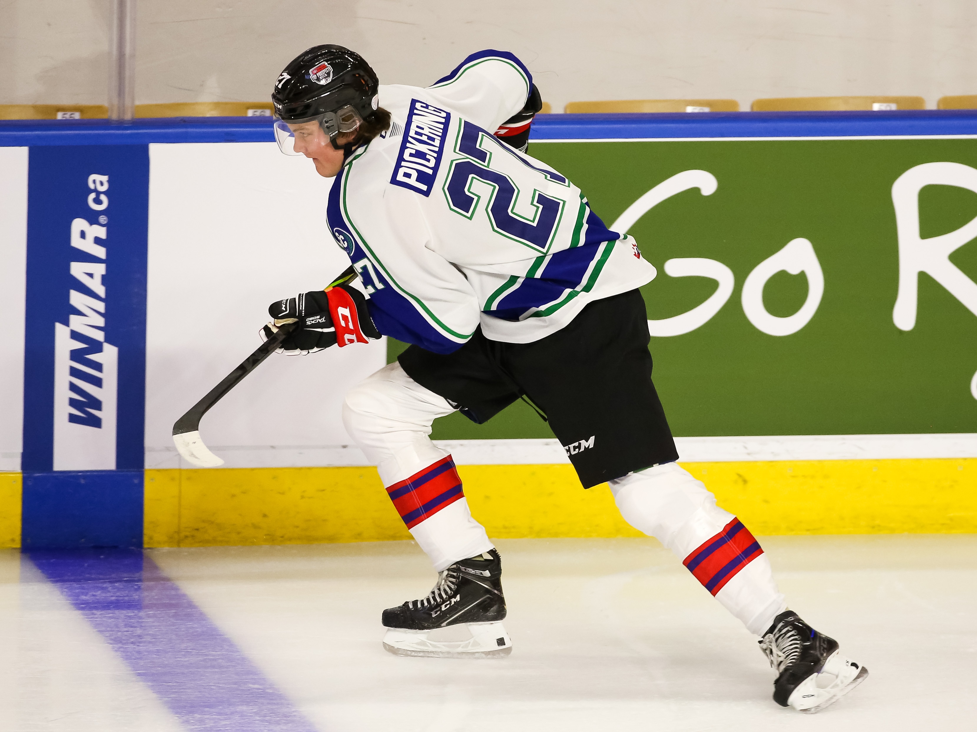 KITCHENER, ONTARIO - MARCH 23: Owen Pickering #27 of Team White skates during morning skate prior to the 2022 CHL/NHL Top Prospects Game at Kitchener Memorial Auditorium on March 23, 2022 in Kitchener, Ontario. (Photo by Chris Tanouye/Getty Images)
