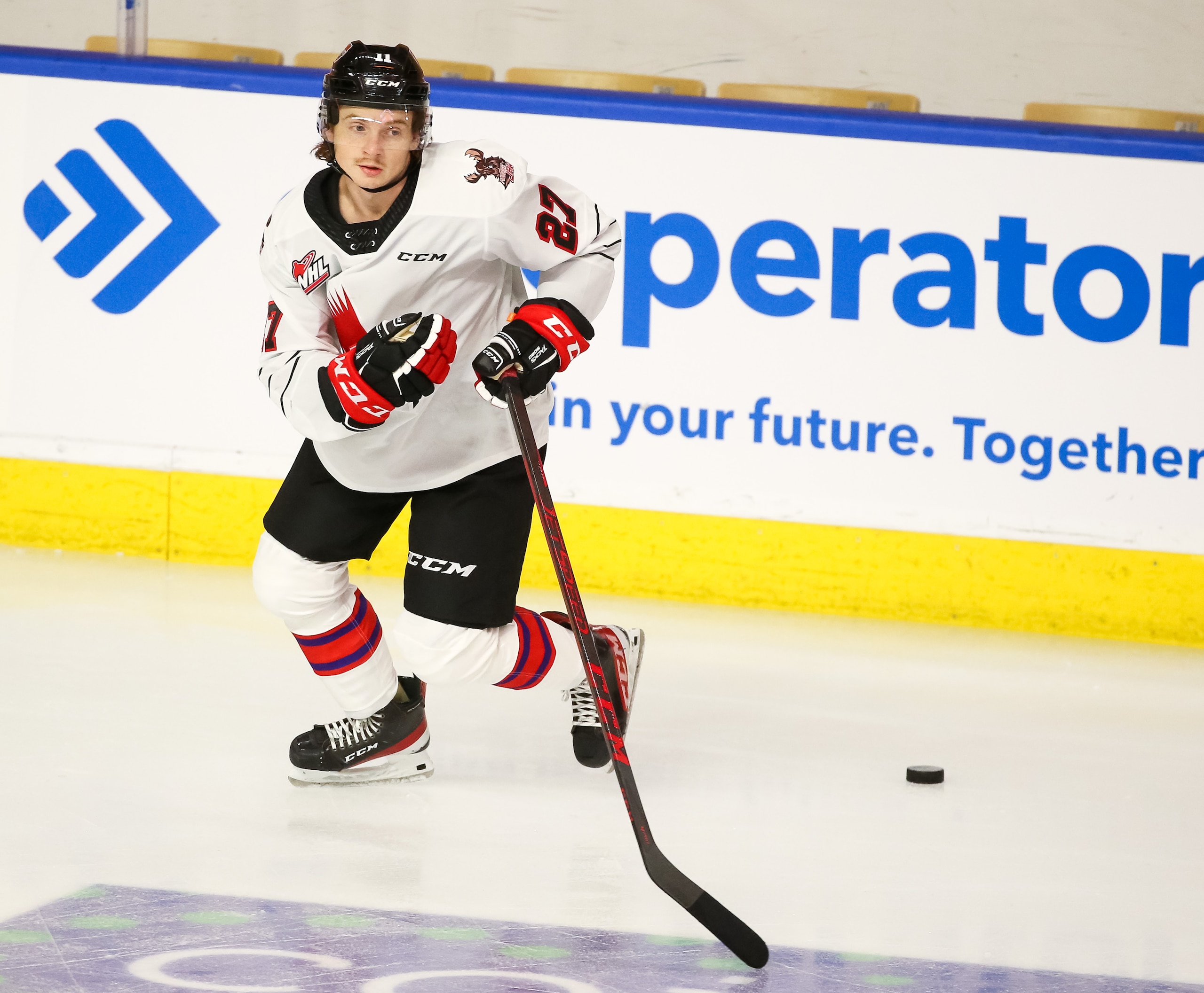 KITCHENER, ONTARIO - MARCH 23: Jagger Firkus #11 of Team White skates during morning skate prior to the 2022 CHL/NHL Top Prospects Game at Kitchener Memorial Auditorium on March 23, 2022 in Kitchener, Ontario. (Photo by Chris Tanouye/Getty Images)