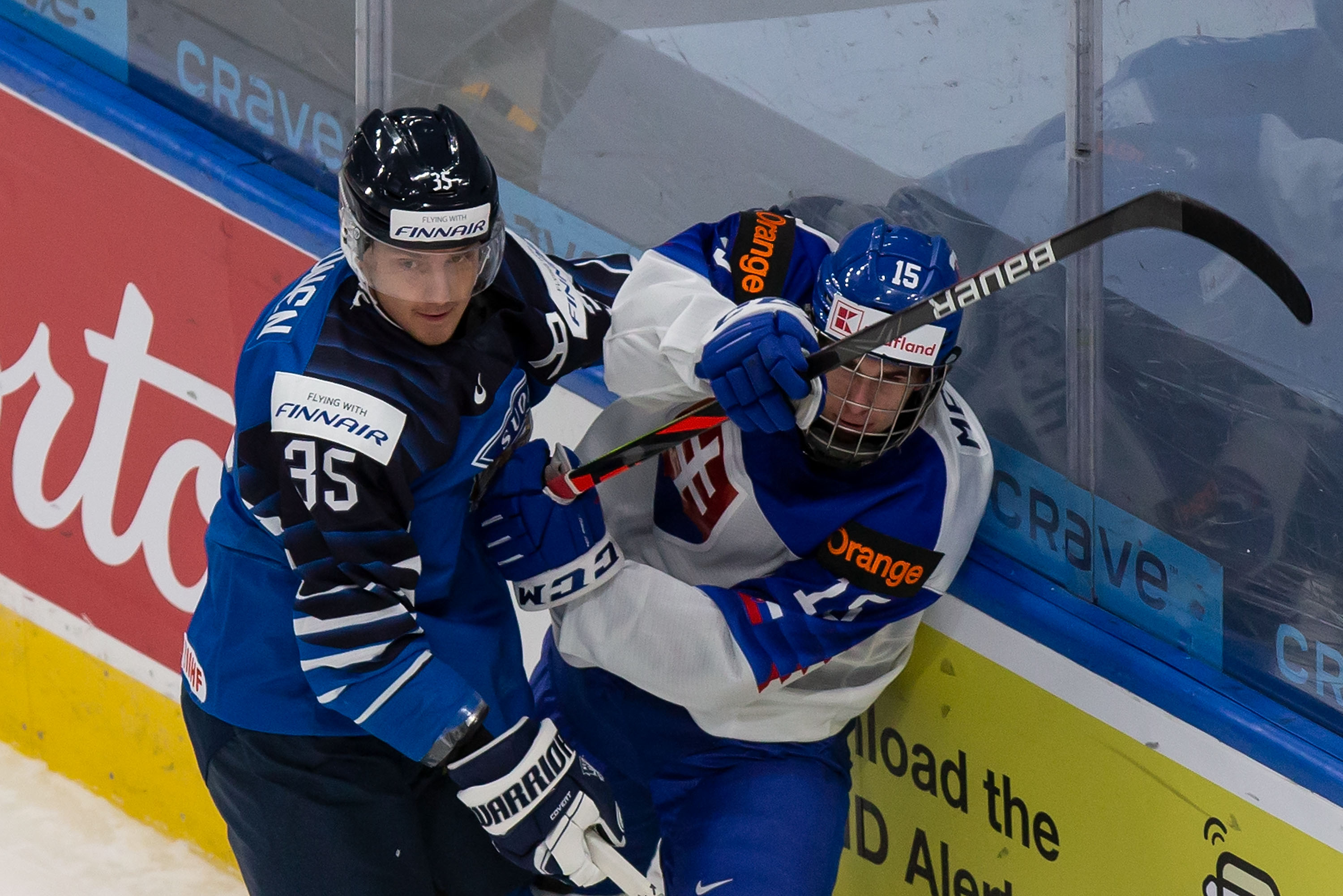 EDMONTON, AB - DECEMBER 30: Mikko Kokkonen #35 of Finland skates against Filip Mesar #15 of Slovakia during the 2021 IIHF World Junior Championship at Rogers Place on December 30, 2020 in Edmonton, Canada. (Photo by Codie McLachlan/Getty Images)
