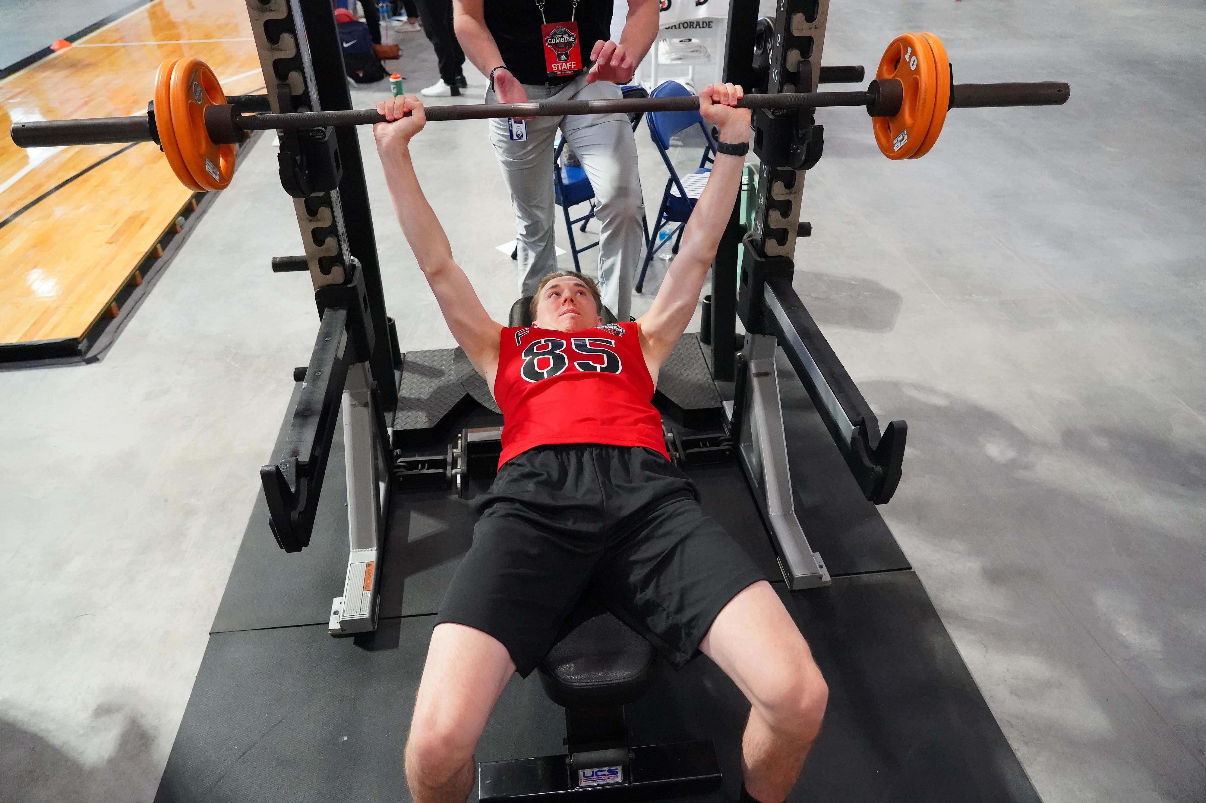 BUFFALO, NY - JUNE 4: Noah Ostlund #85 performs the bench press during the 2022 NHL Scouting Combine at LECOM Harborcenter on June 4, 2022 in Buffalo, New York. (Photo by Kevin Hoffman/NHLI via Getty Images)
